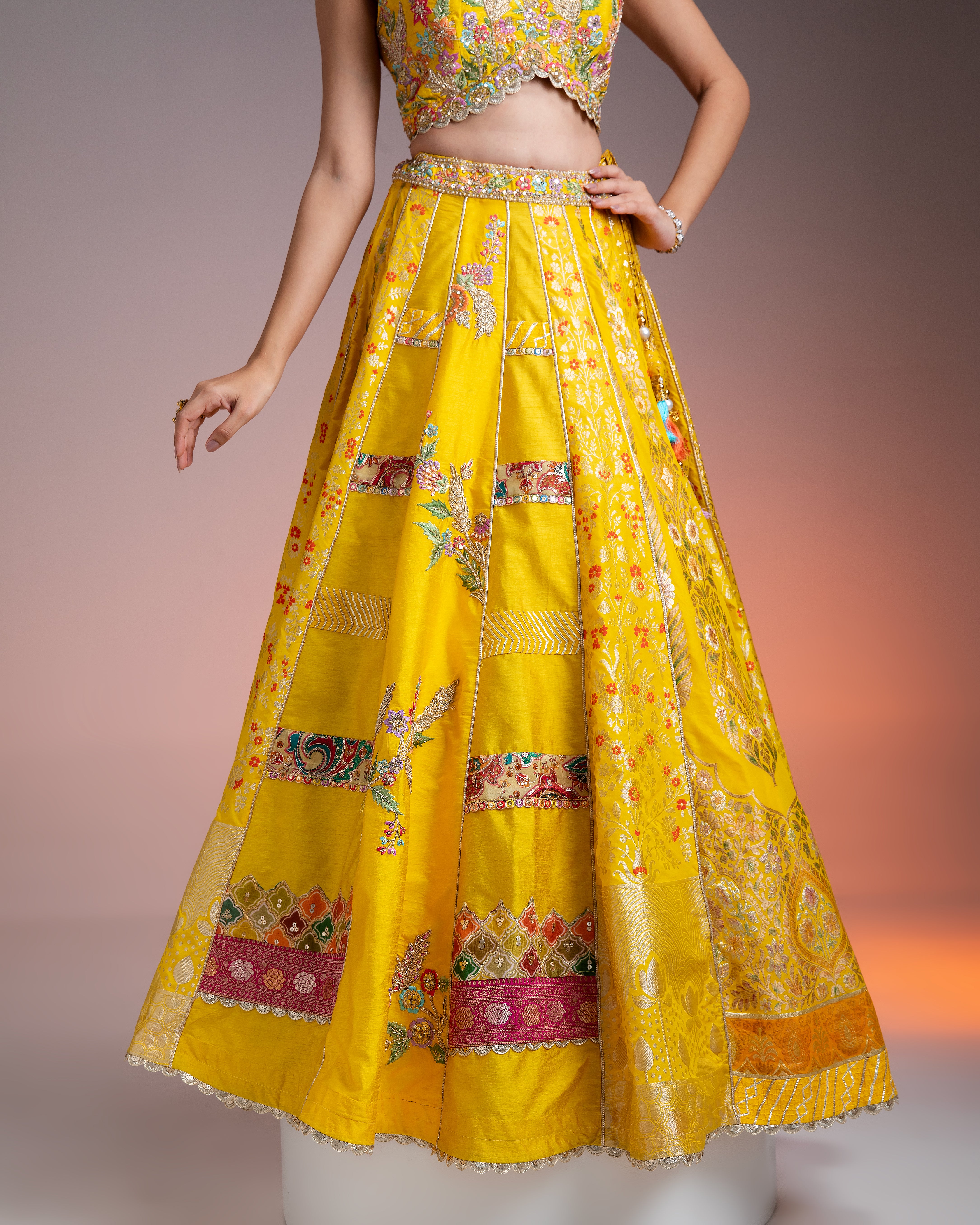 Bright Yellow Silk Lehenga with Multicolor Floral Threadwork and Net Dupatta聽 Mokshaa