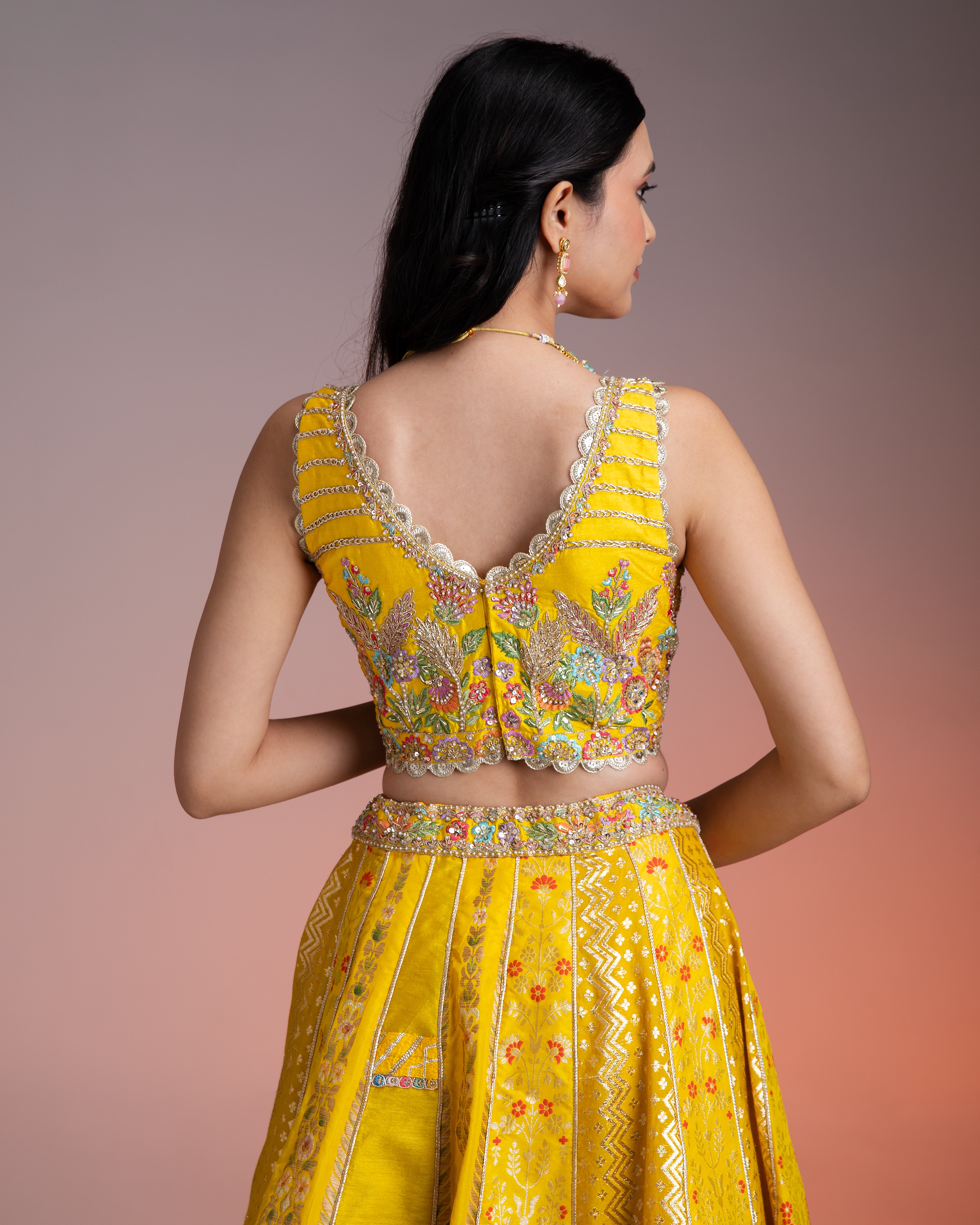 Bright Yellow Silk Lehenga with Multicolor Floral Threadwork and Net Dupatta聽 Mokshaa