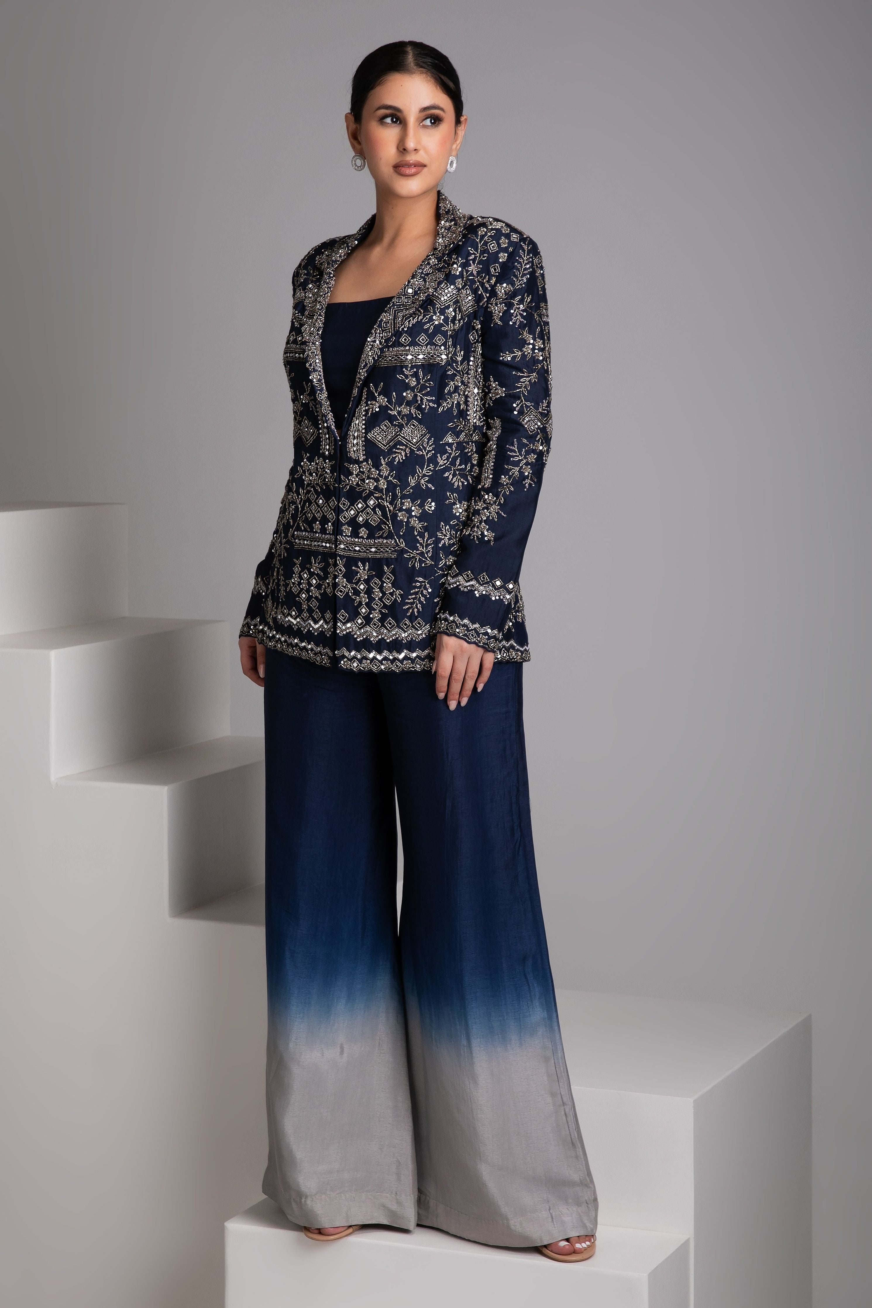 Blue Embroidered Jacket Set with Ombre Pants - Mokshaa