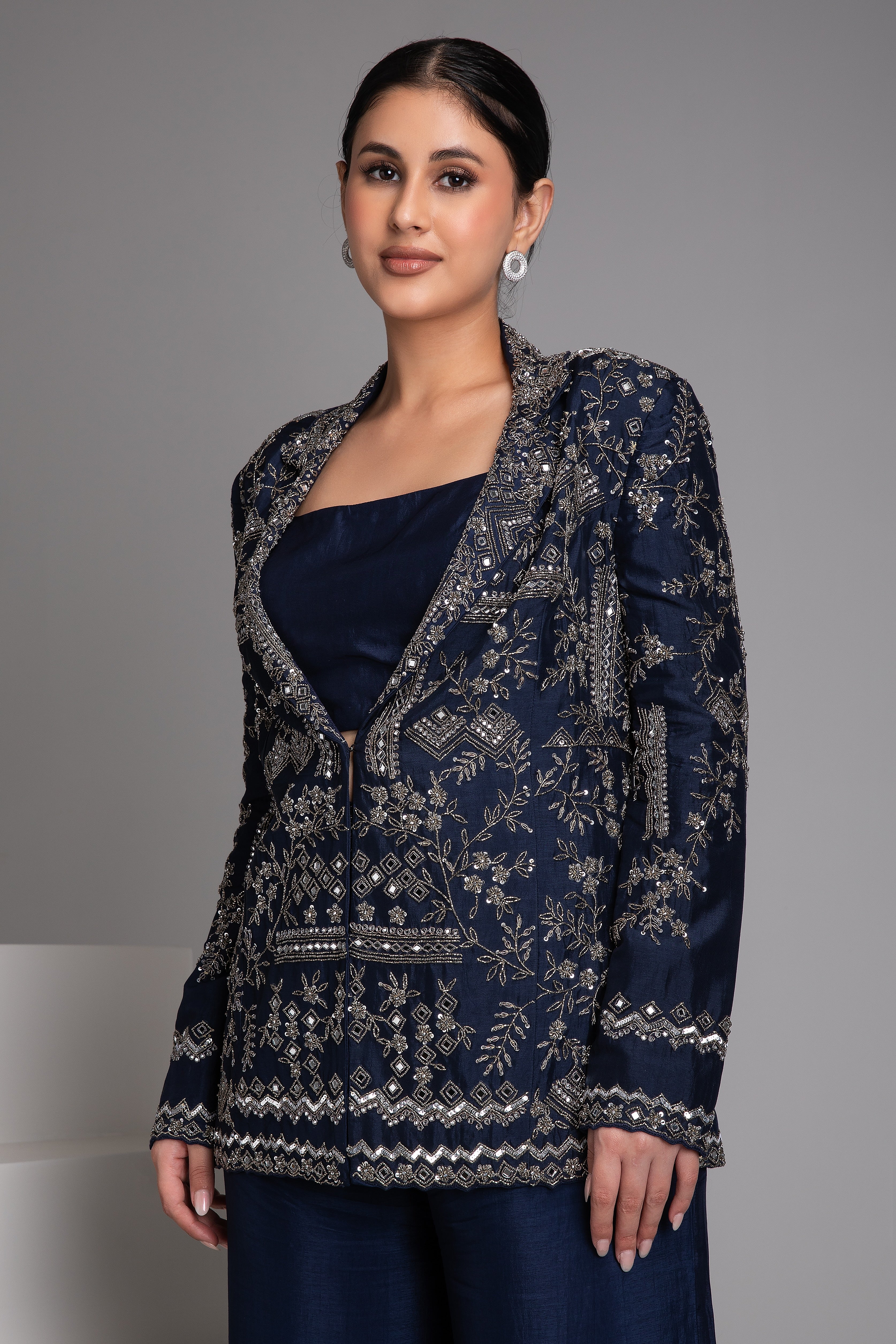 Blue Embroidered Jacket Set with Ombre Pants - Mokshaa