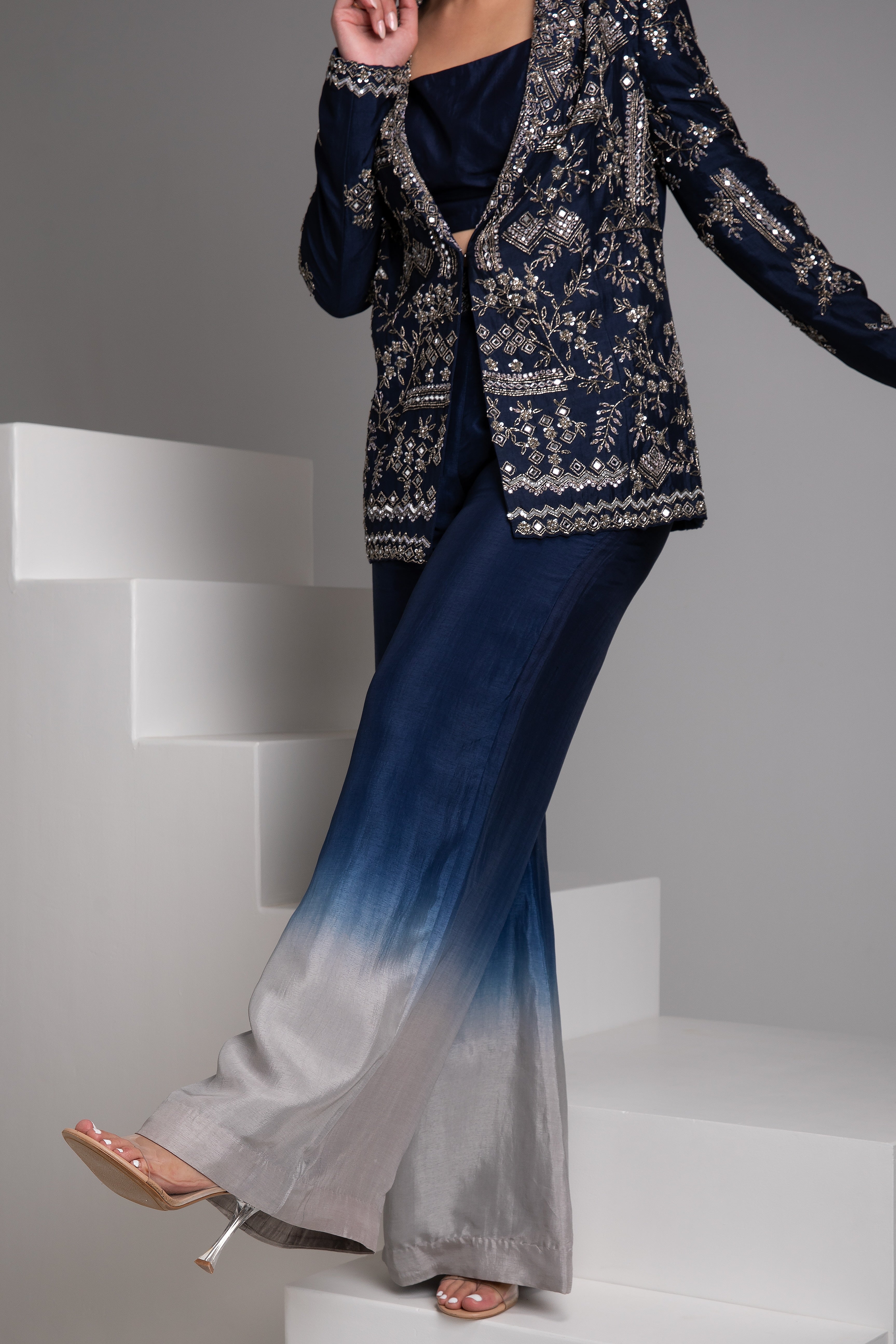 Blue Embroidered Jacket Set with Ombre Pants - Mokshaa