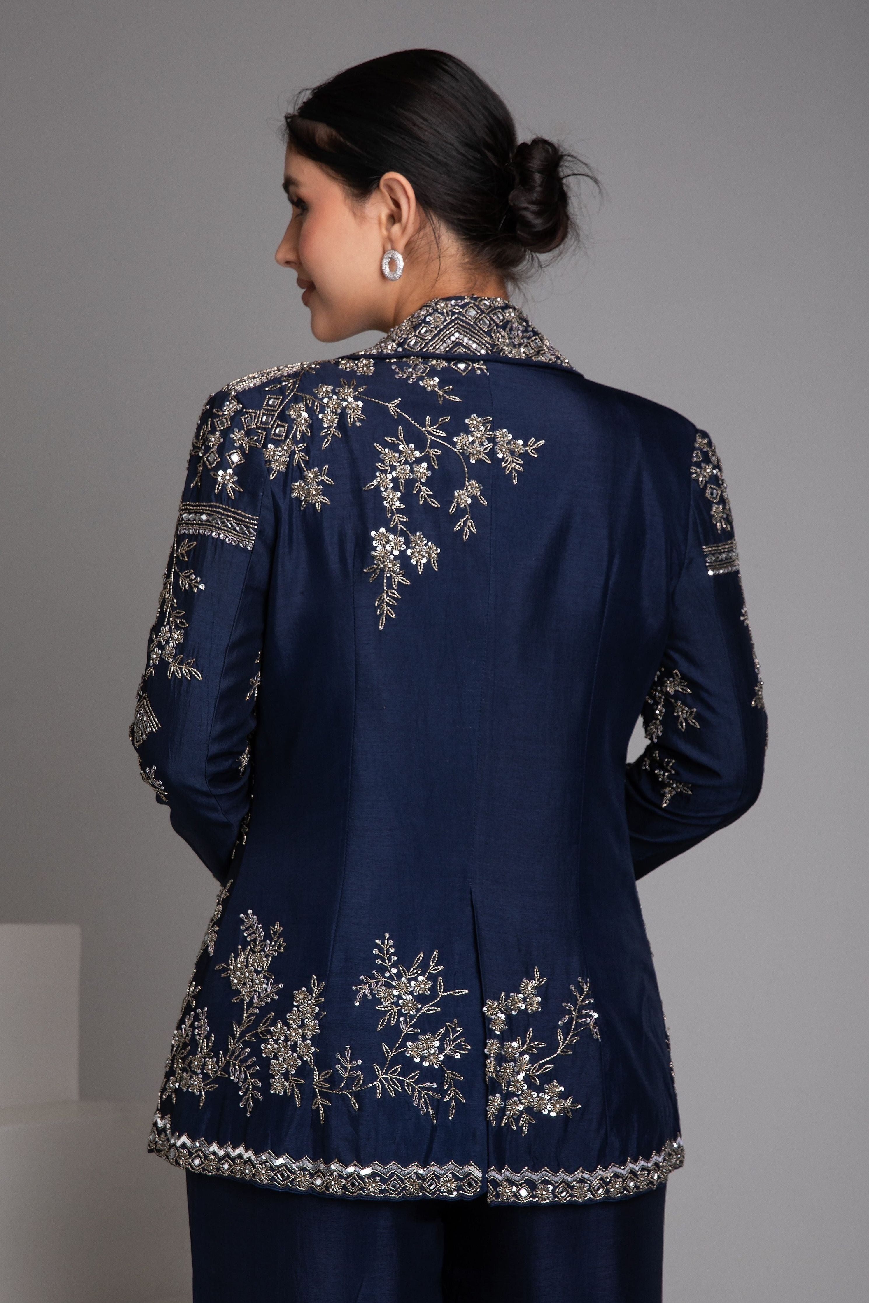 Blue Embroidered Jacket Set with Ombre Pants - Mokshaa
