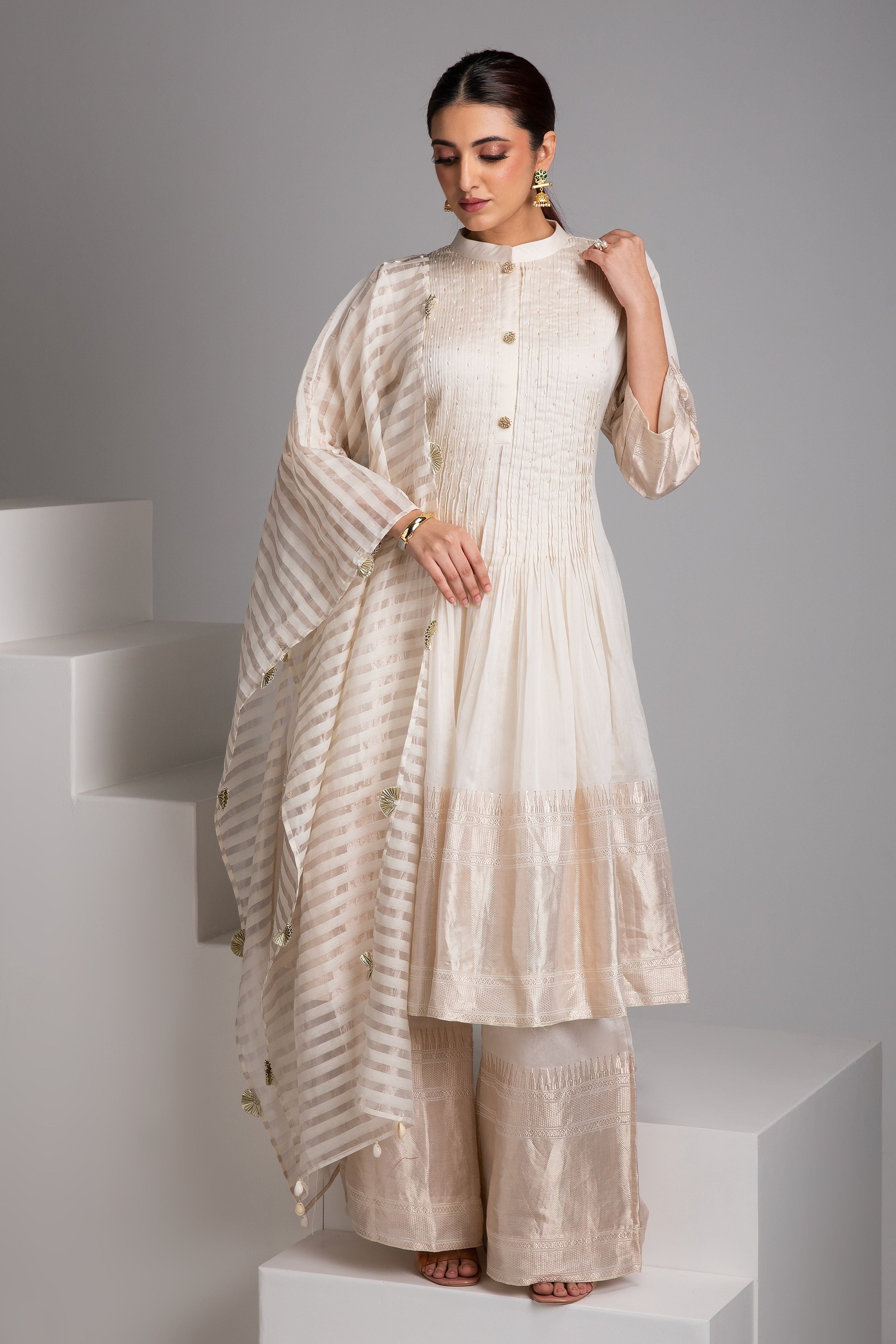 Ivory Banarasi Short Anarkali Set - Mokshaa