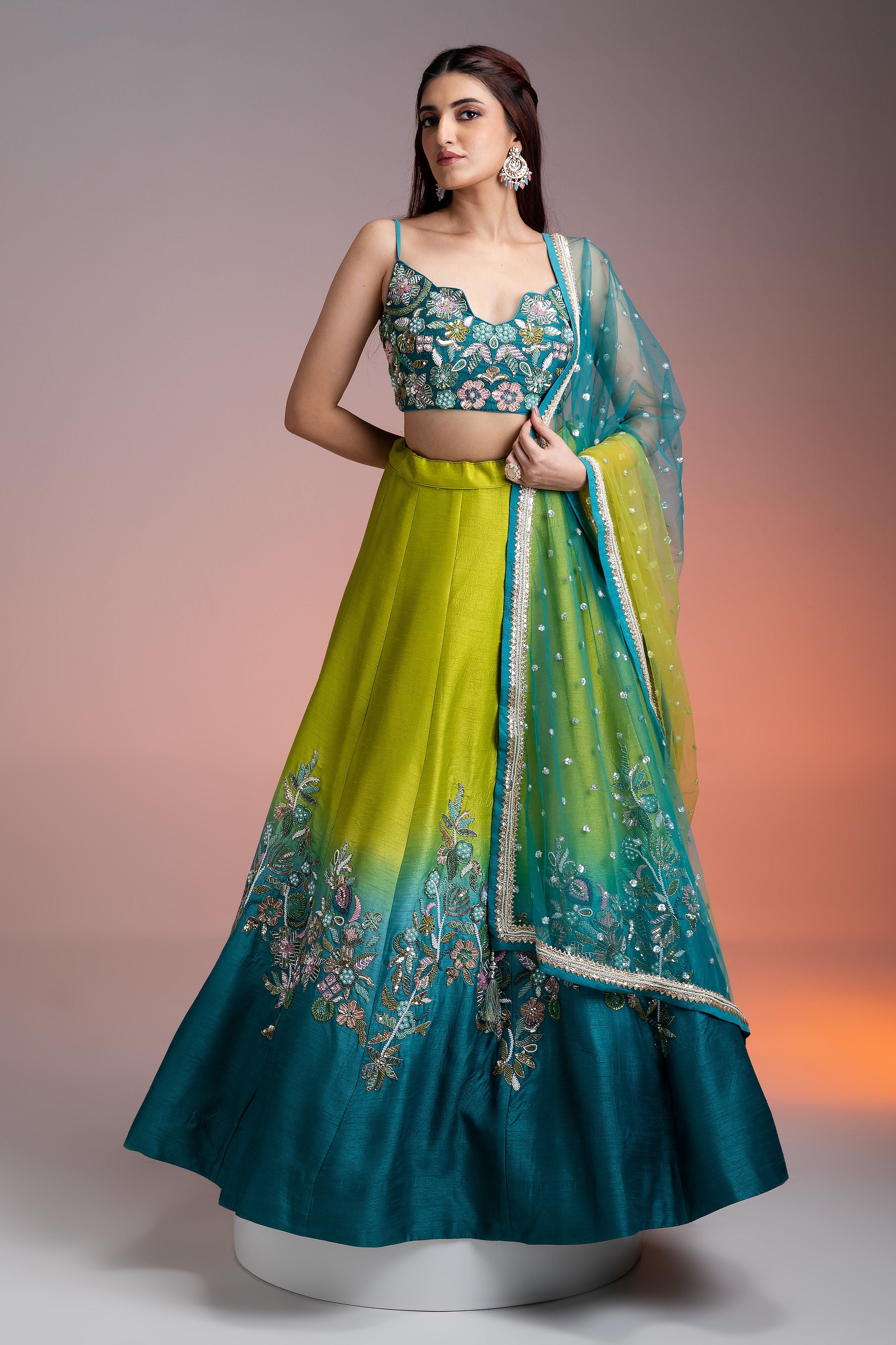 Green Blue Ombre Silk Lehenga with Floral Threadwork and Net Dupatta  Mokshaa