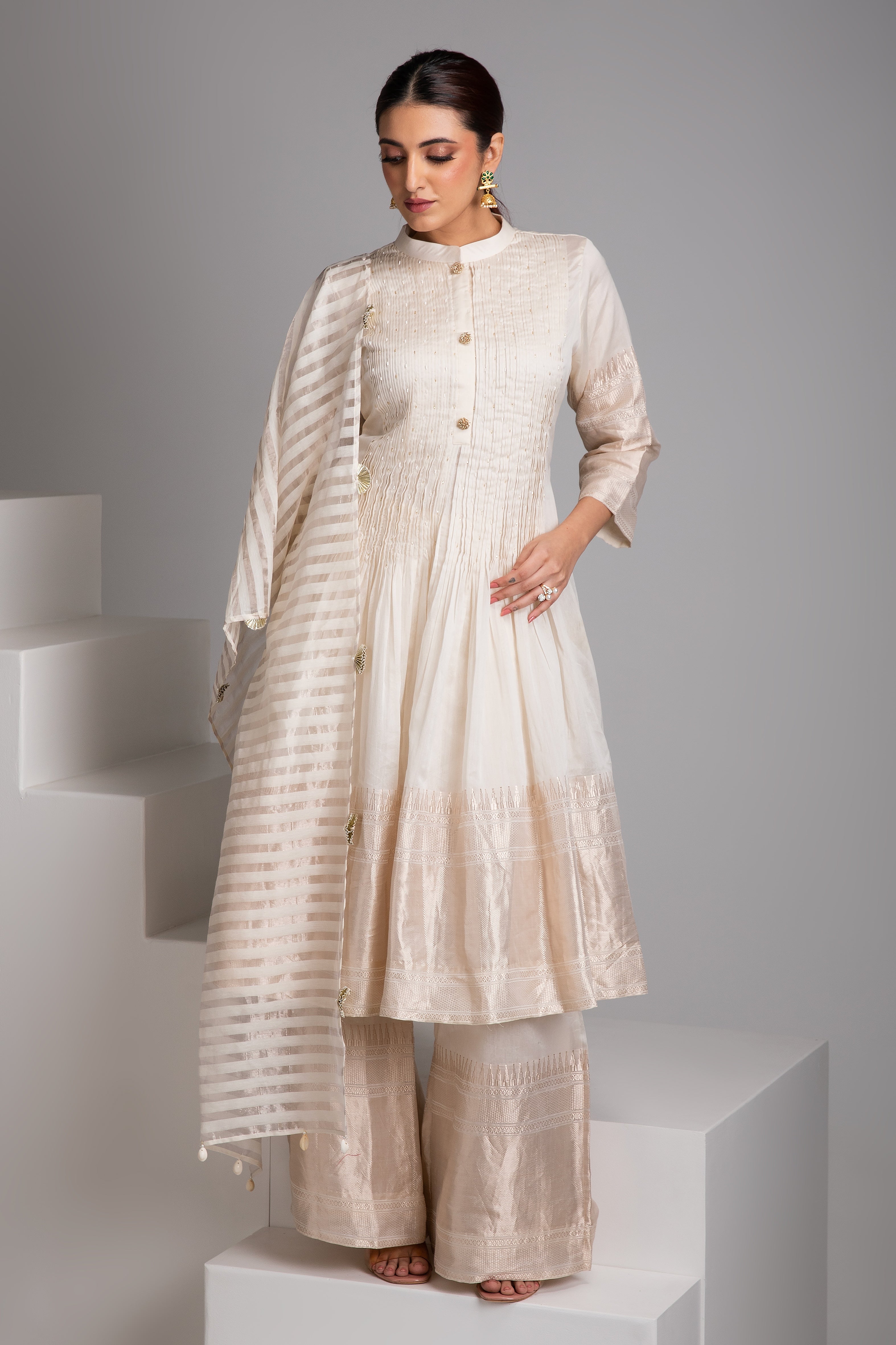 Ivory Banarasi Short Anarkali Set - Mokshaa