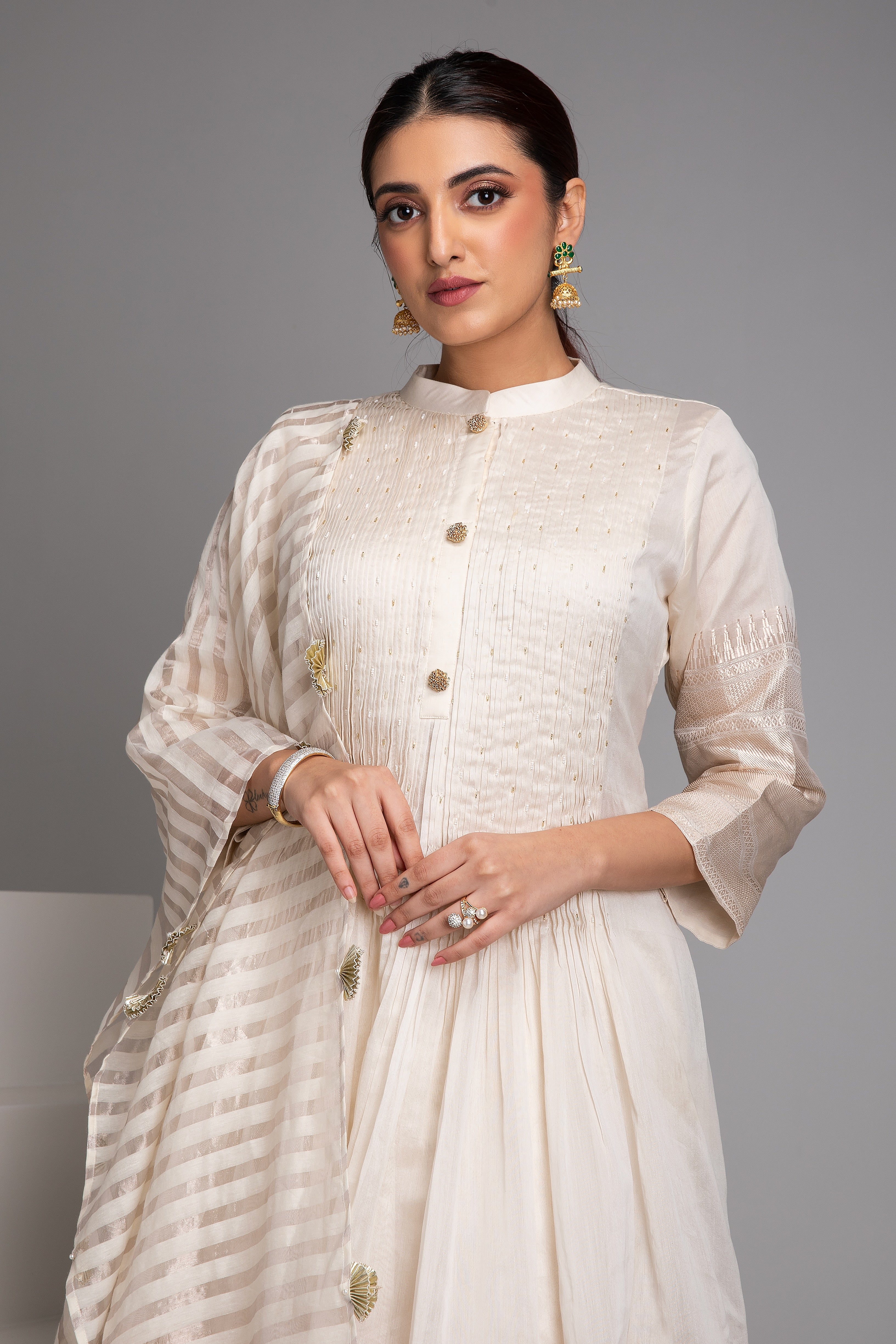 Ivory Banarasi Short Anarkali Set - Mokshaa