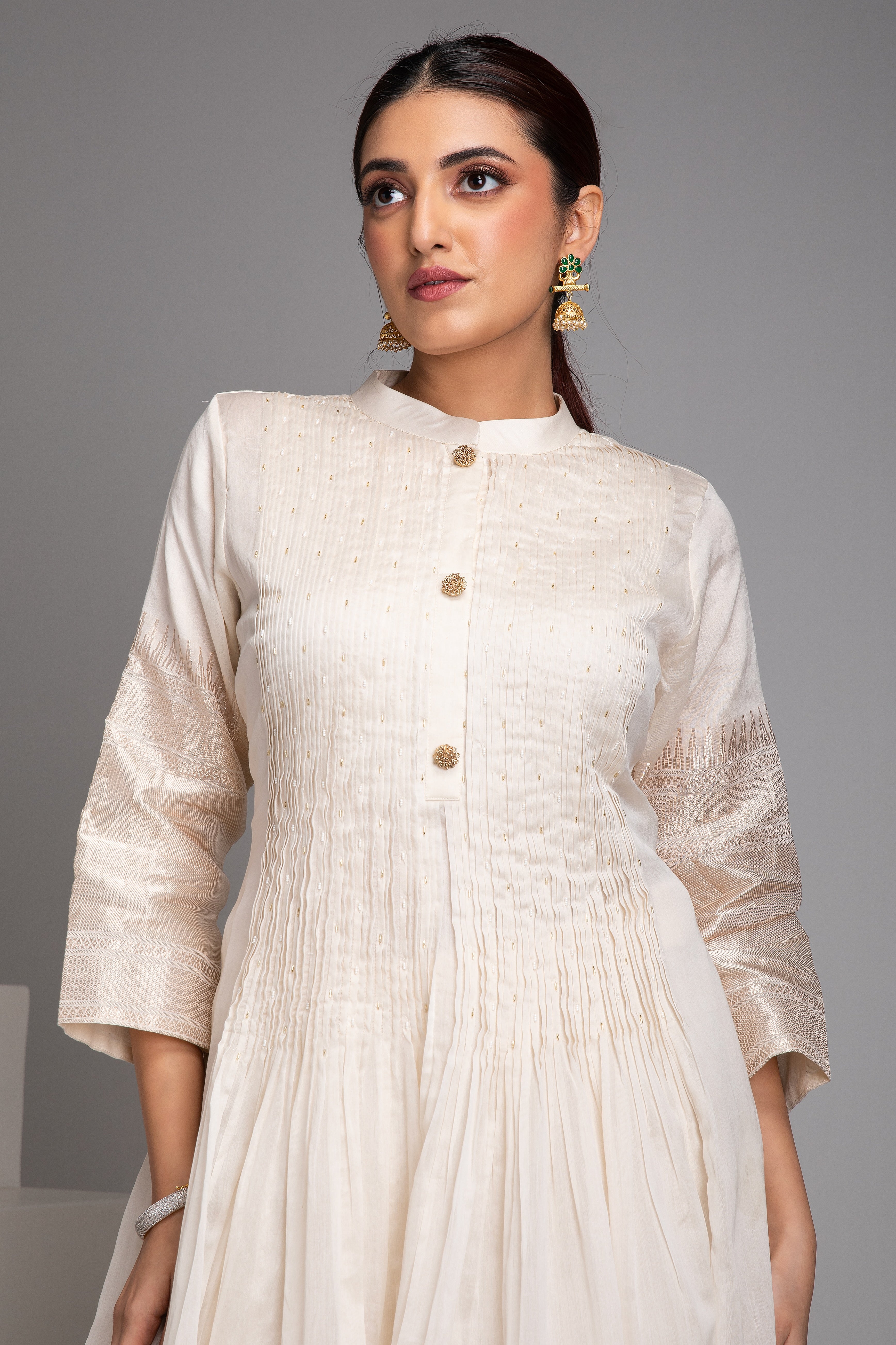 Ivory Banarasi Short Anarkali Set - Mokshaa