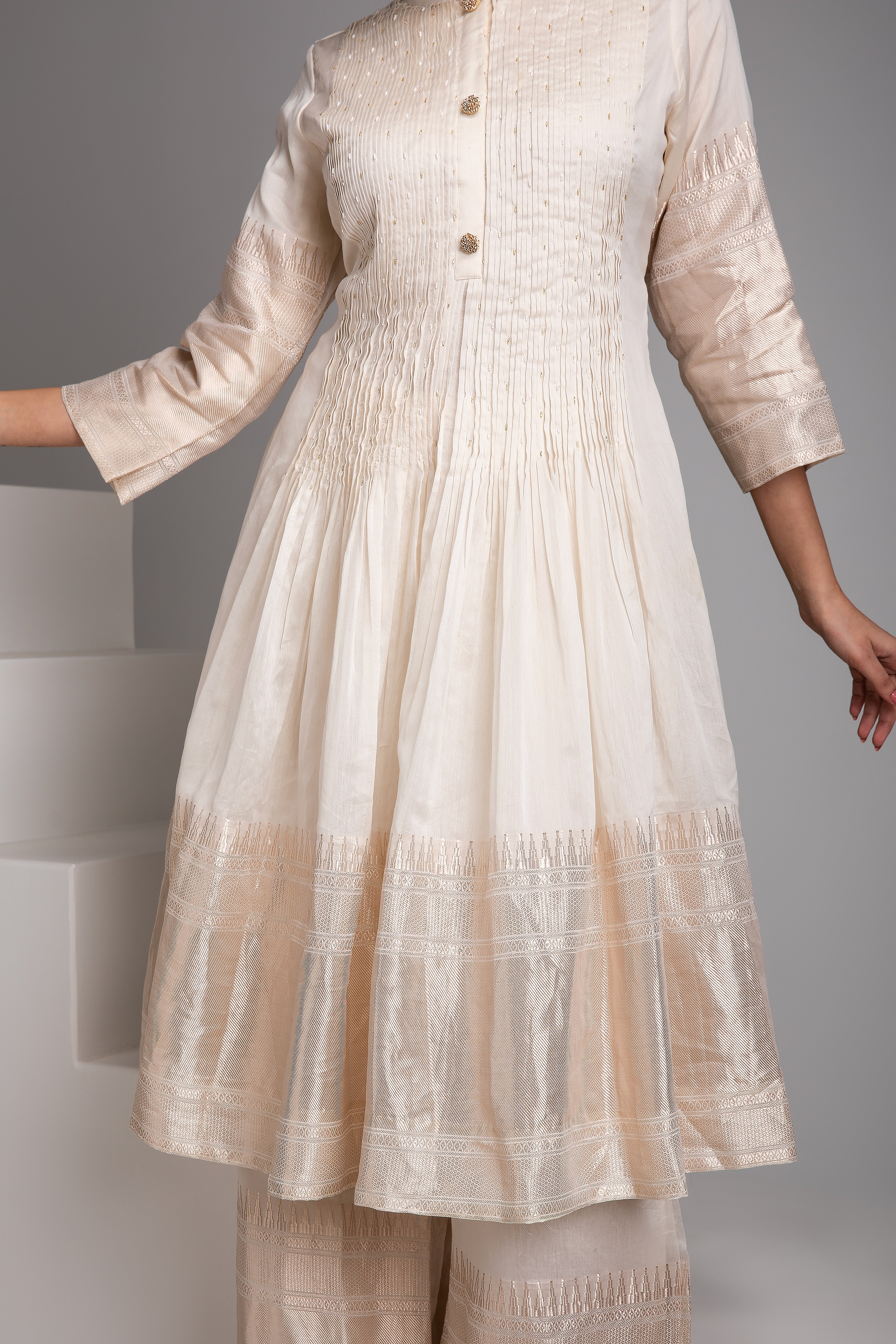 Ivory Banarasi Short Anarkali Set - Mokshaa