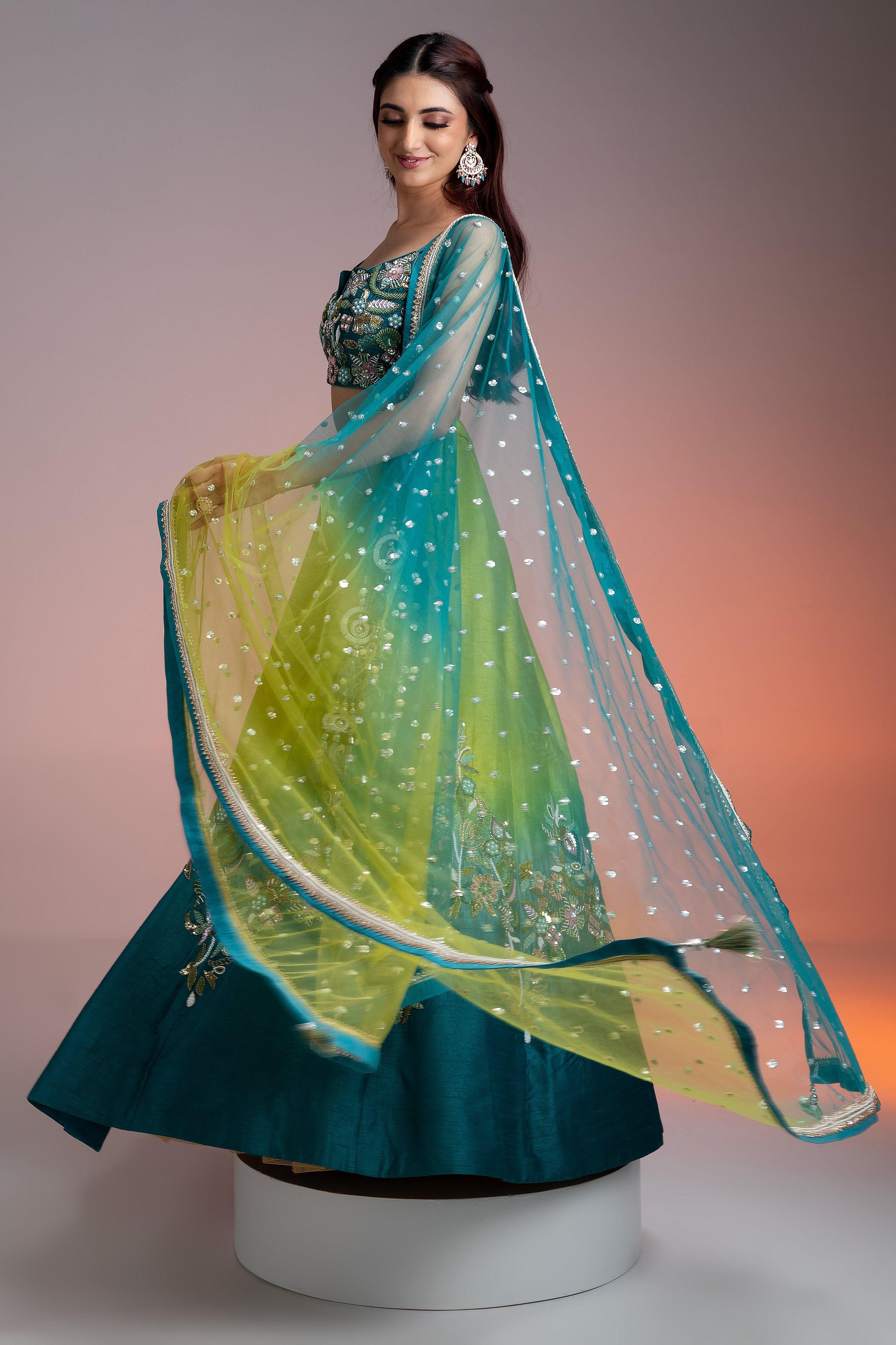 Green Blue Ombre Silk Lehenga with Floral Threadwork and Net Dupatta  Mokshaa