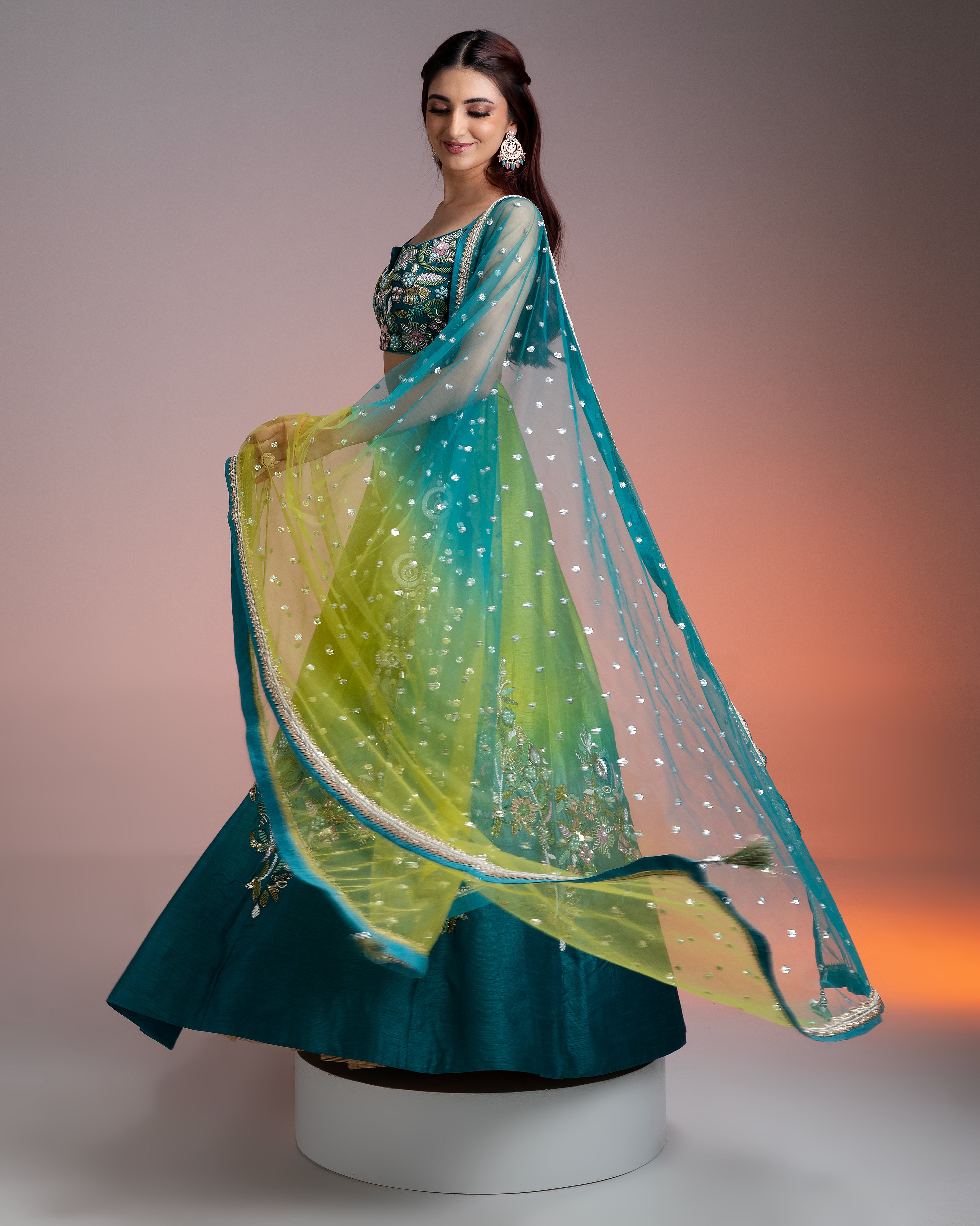 Green Blue Ombre Silk Lehenga with Floral Threadwork and Net Dupatta  Mokshaa