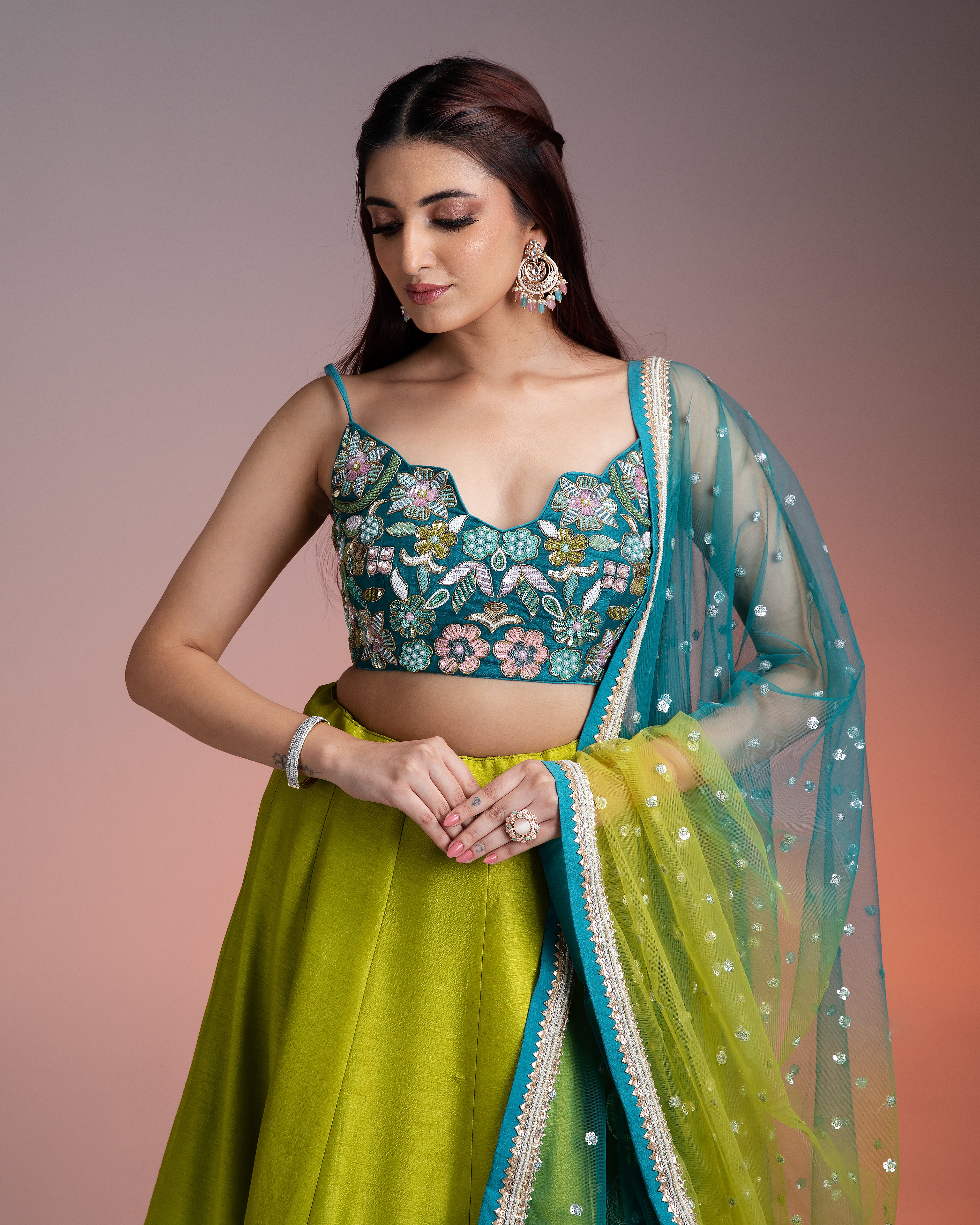 Green Blue Ombre Silk Lehenga with Floral Threadwork and Net Dupatta  Mokshaa