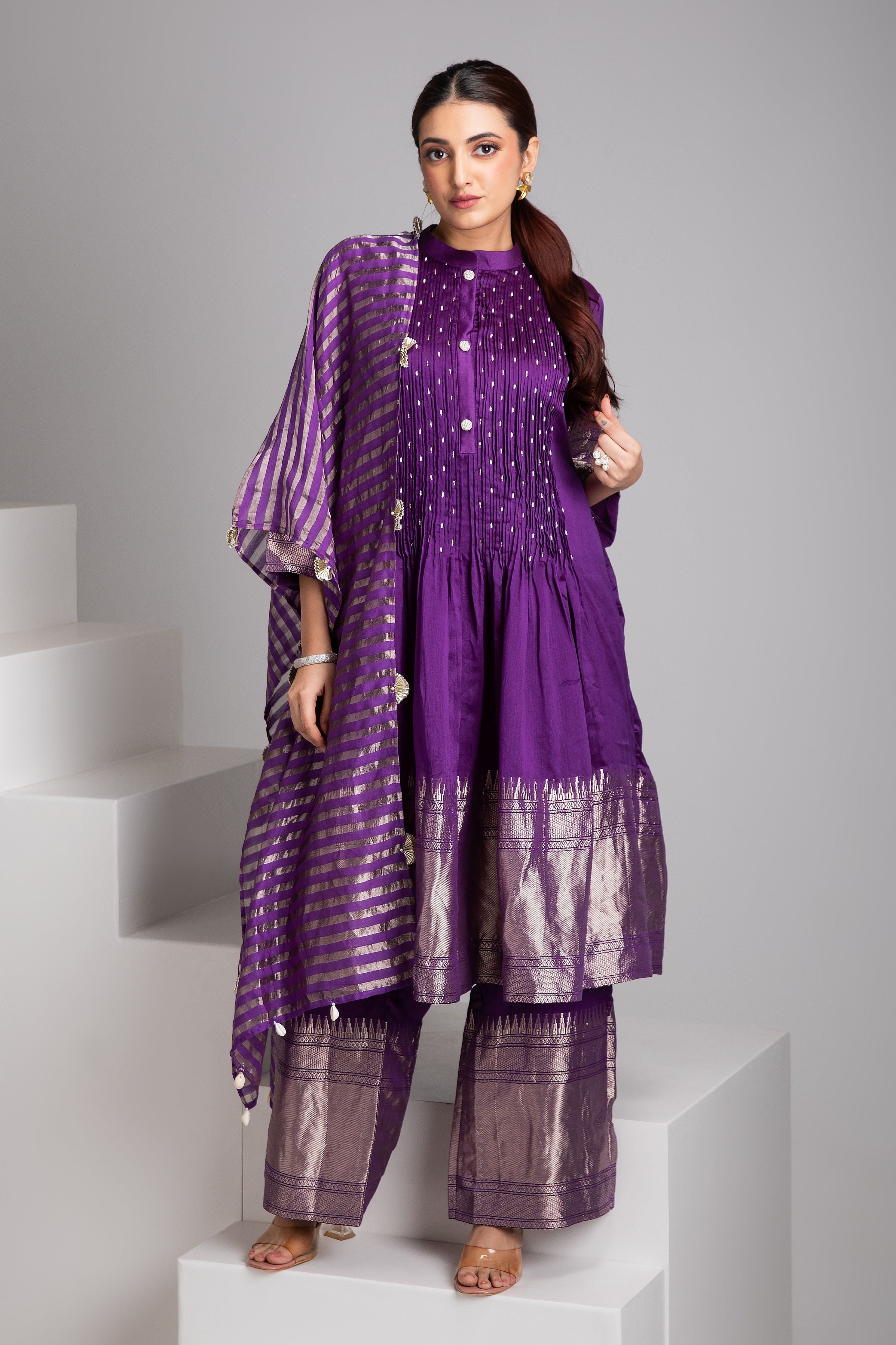 Purple Banarasi Short Anarkali Set - Mokshaa