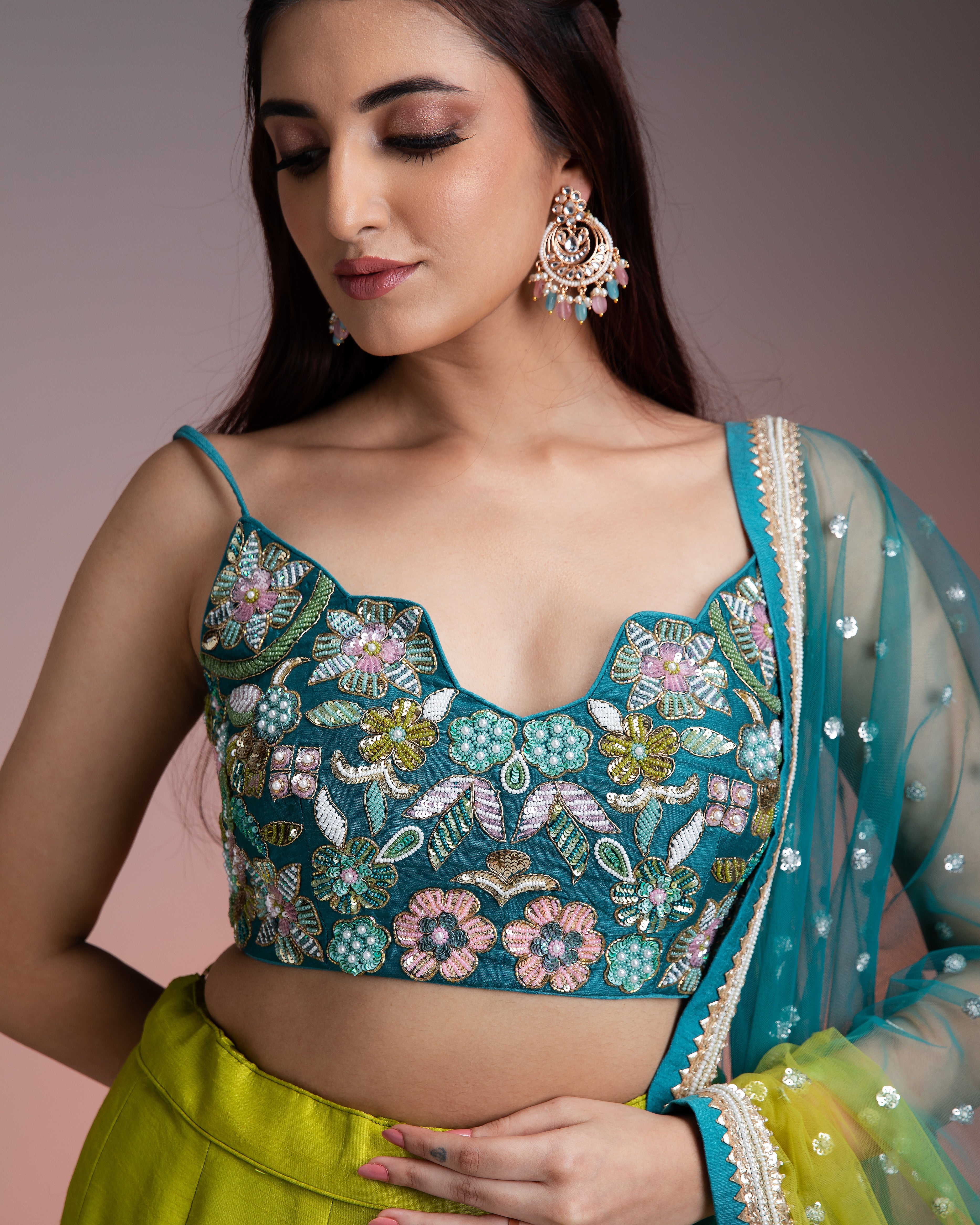 Green Blue Ombre Silk Lehenga with Floral Threadwork and Net Dupatta  Mokshaa