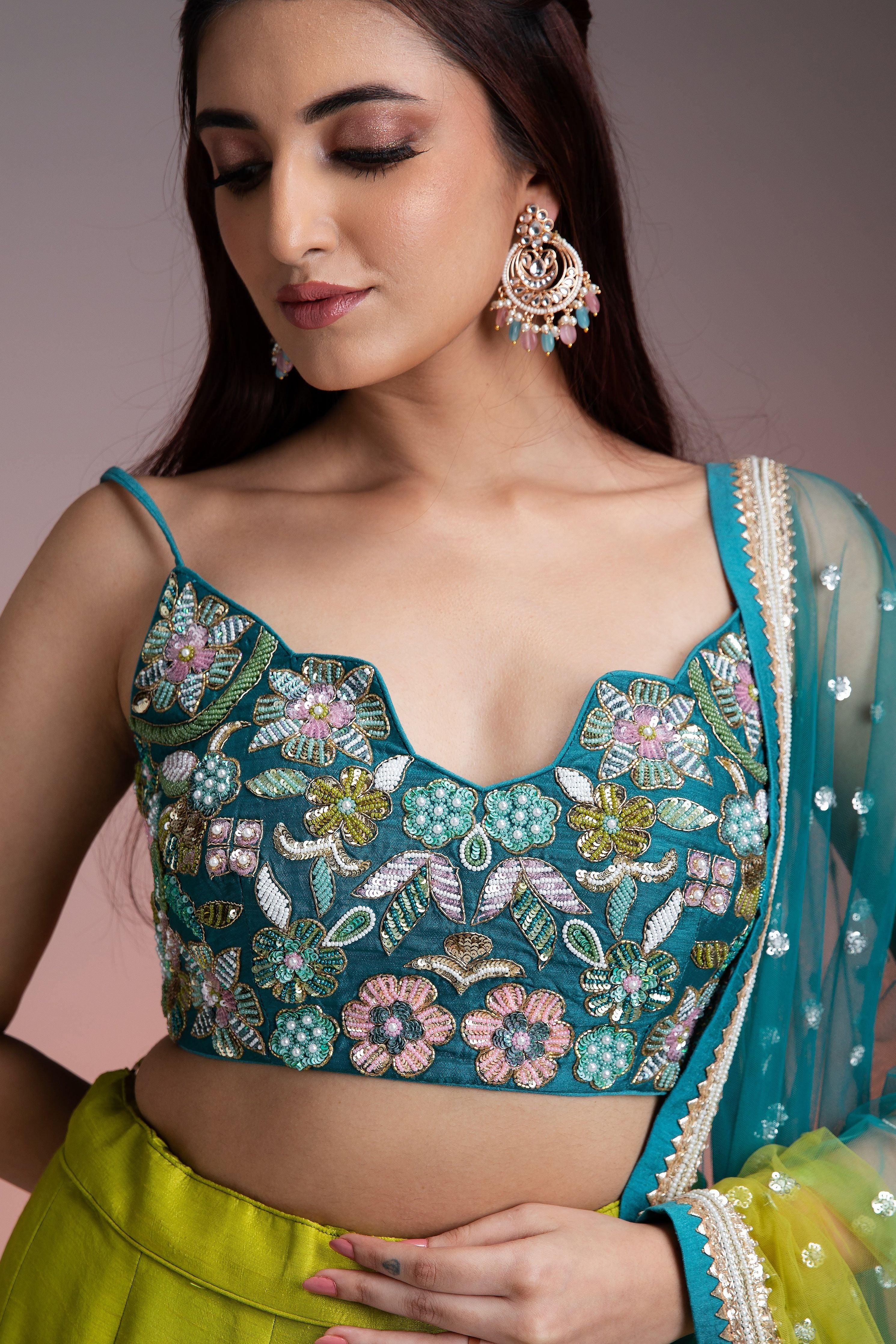 Green Blue Ombre Silk Lehenga with Floral Threadwork and Net Dupatta  Mokshaa