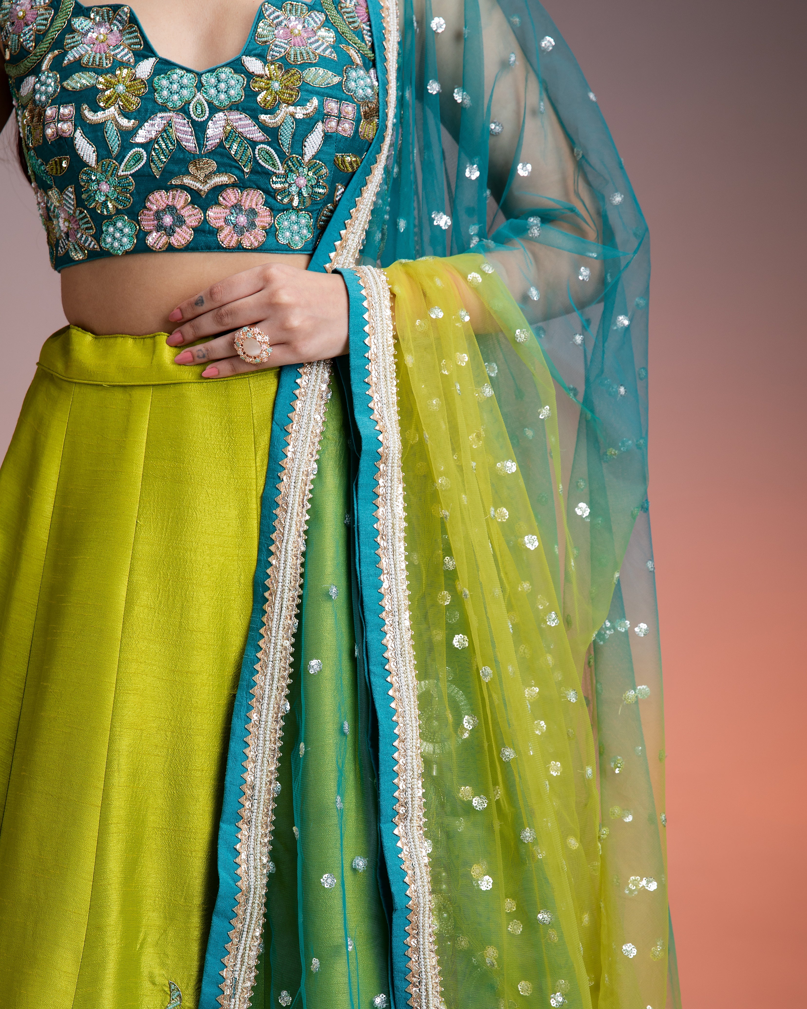 Green Blue Ombre Silk Lehenga with Floral Threadwork and Net Dupatta  Mokshaa