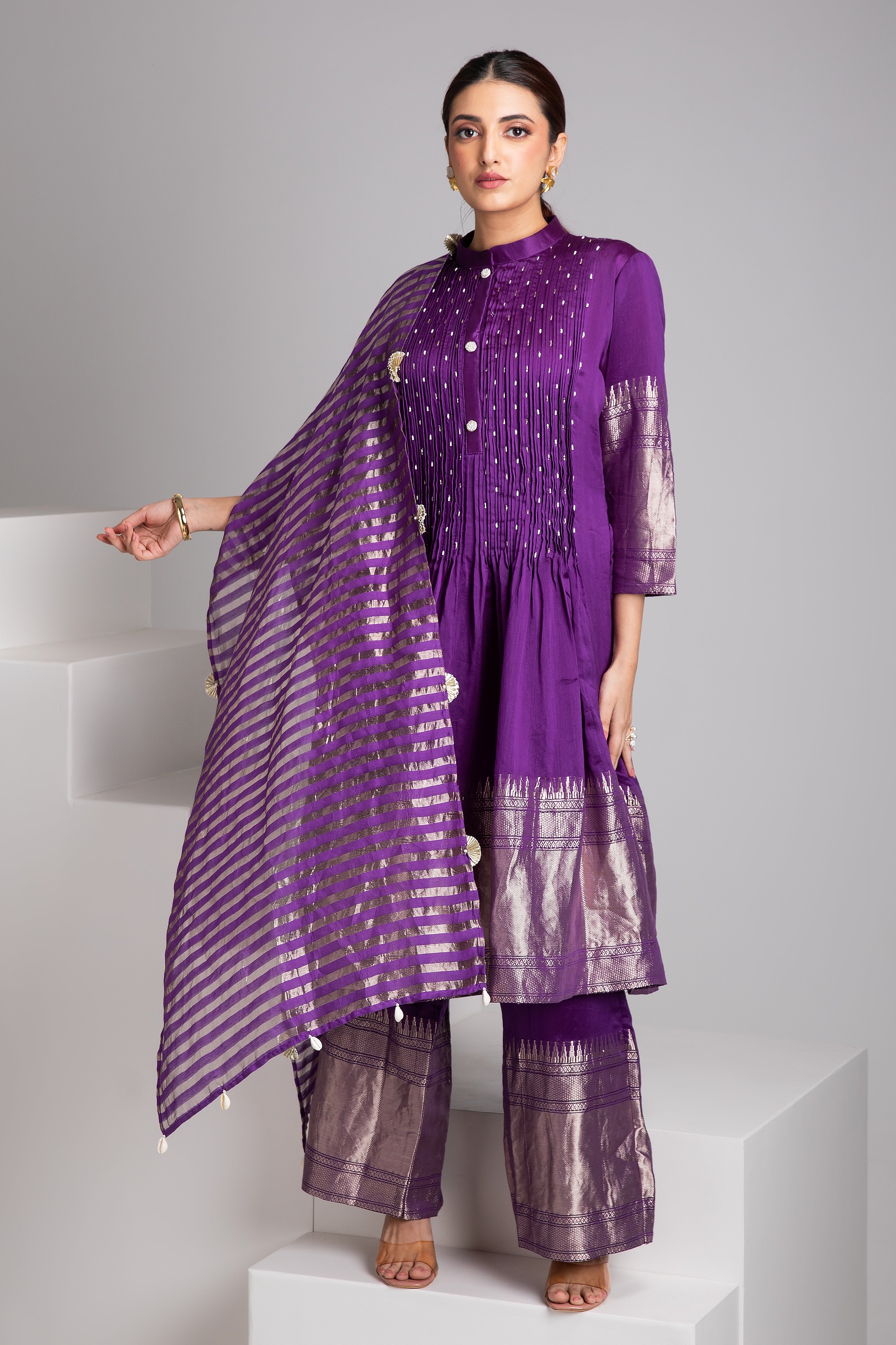 Purple Banarasi Short Anarkali Set - Mokshaa