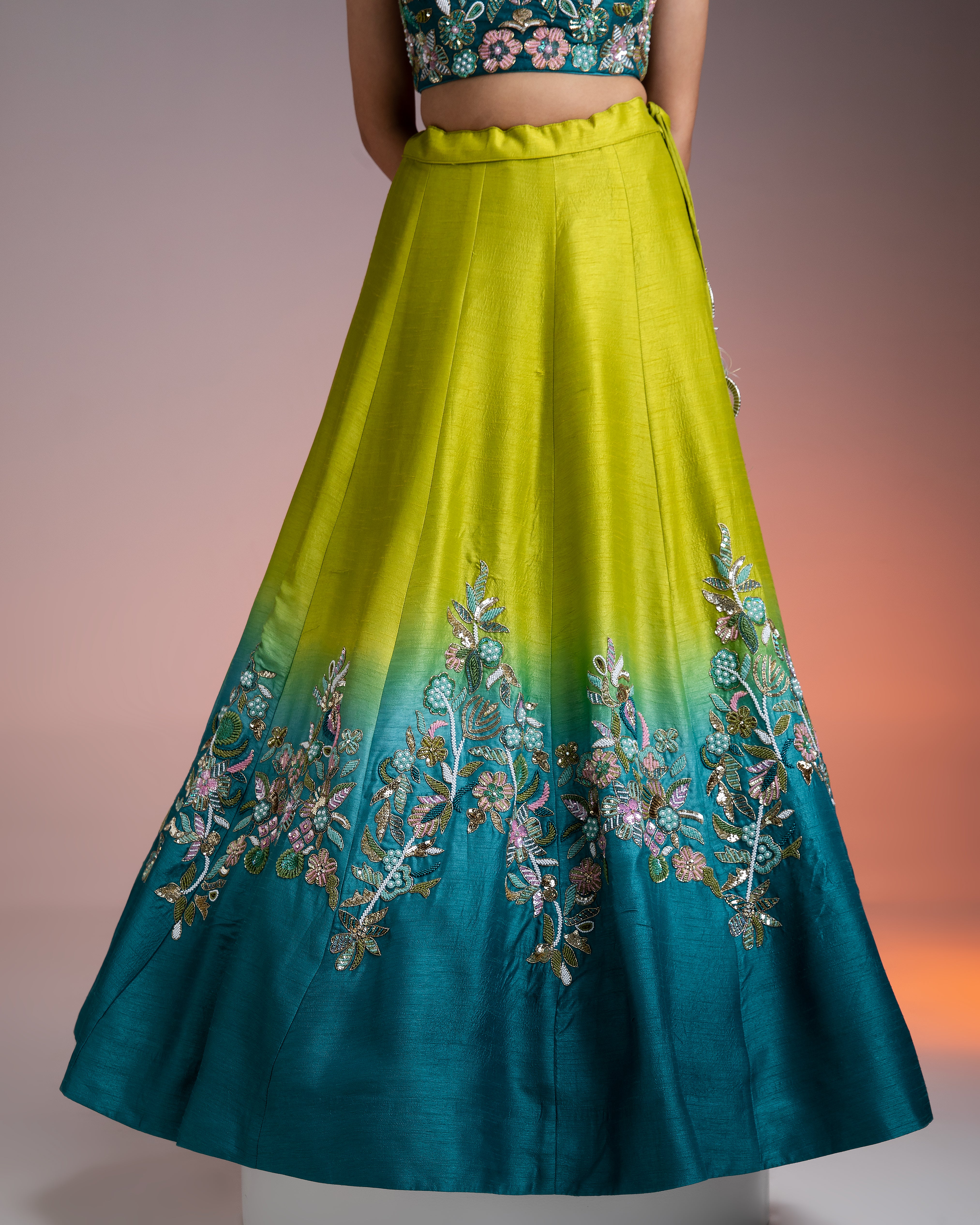 Green Blue Ombre Silk Lehenga with Floral Threadwork and Net Dupatta  Mokshaa