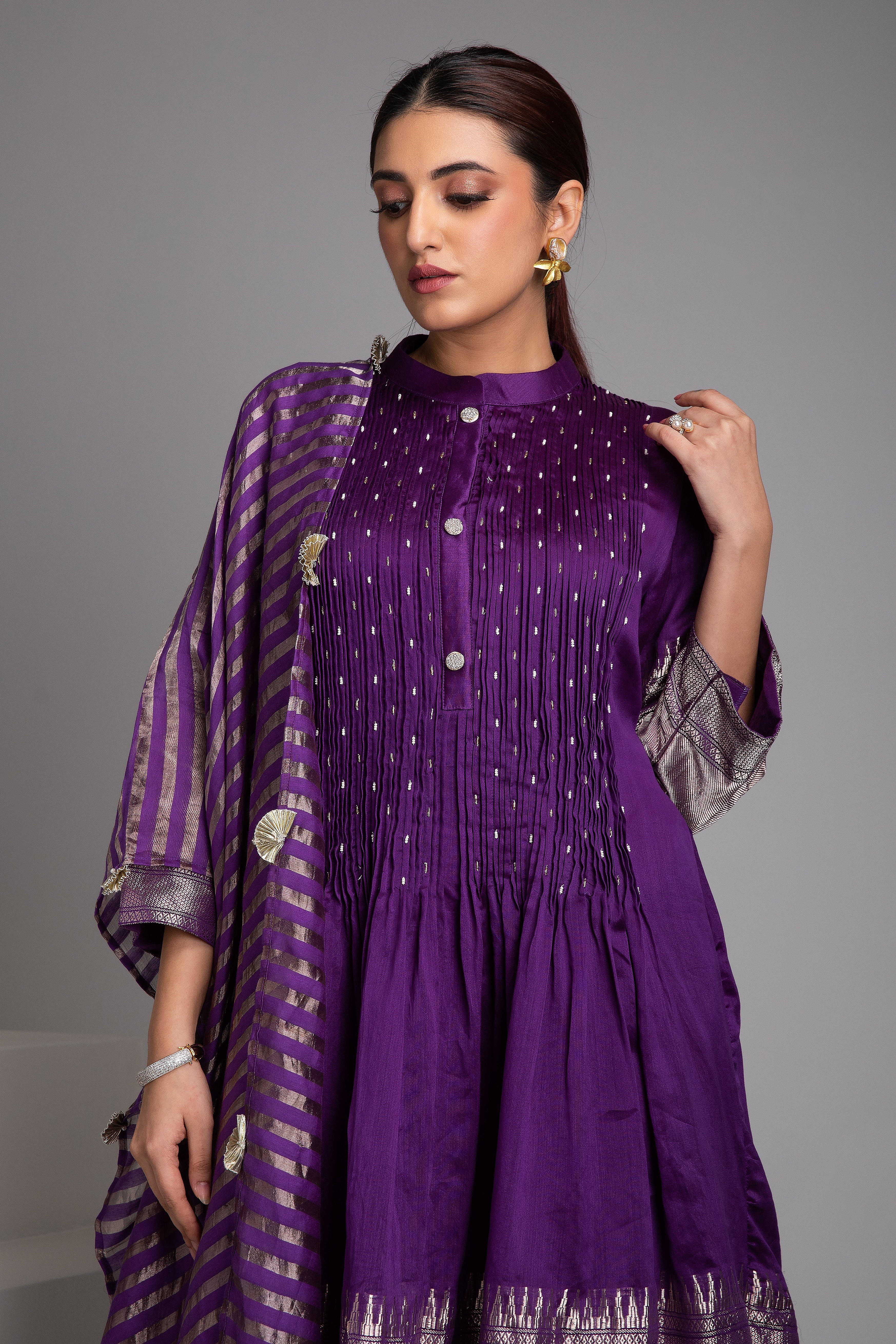 Purple Banarasi Short Anarkali Set - Mokshaa