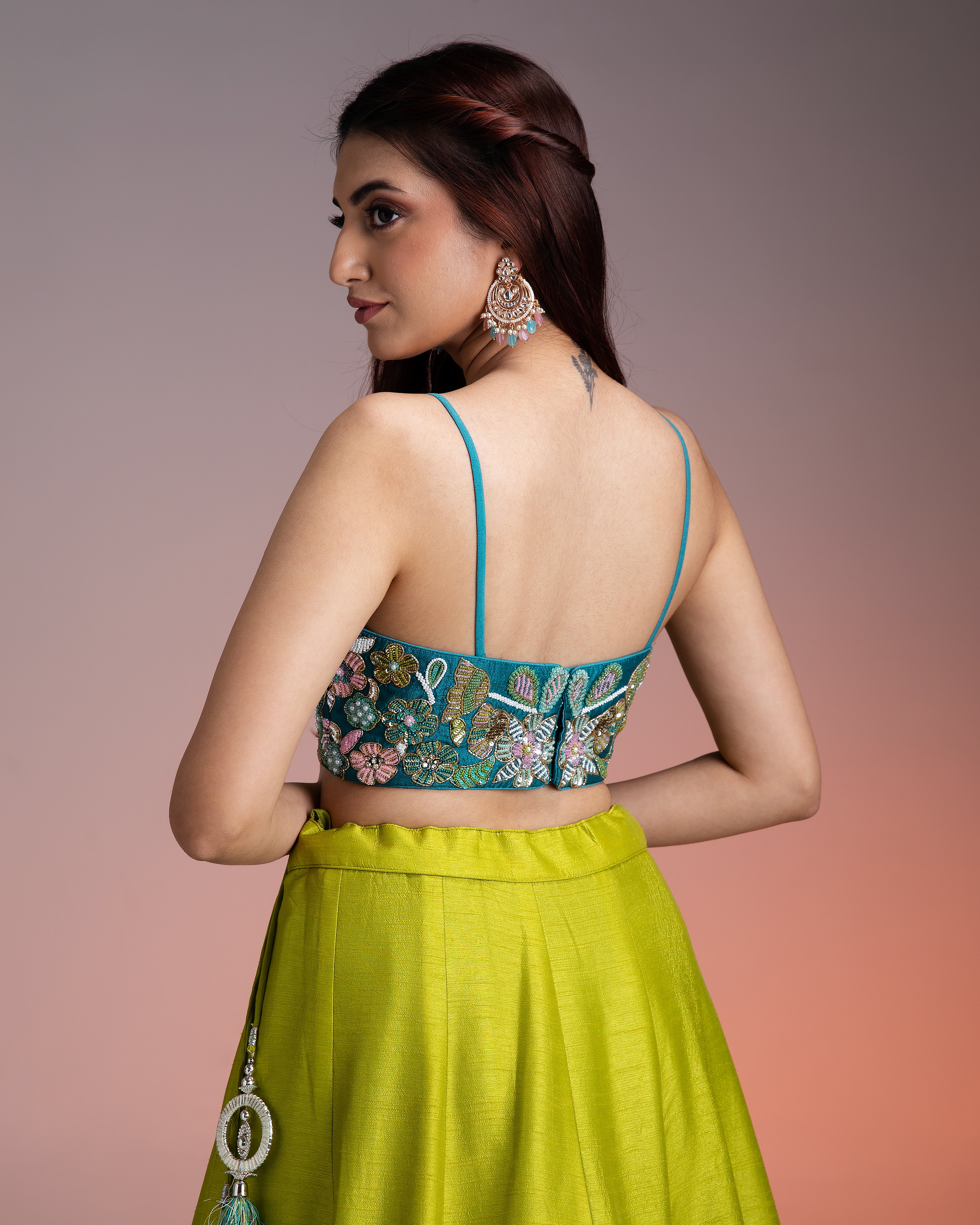 Green Blue Ombre Silk Lehenga with Floral Threadwork and Net Dupatta  Mokshaa