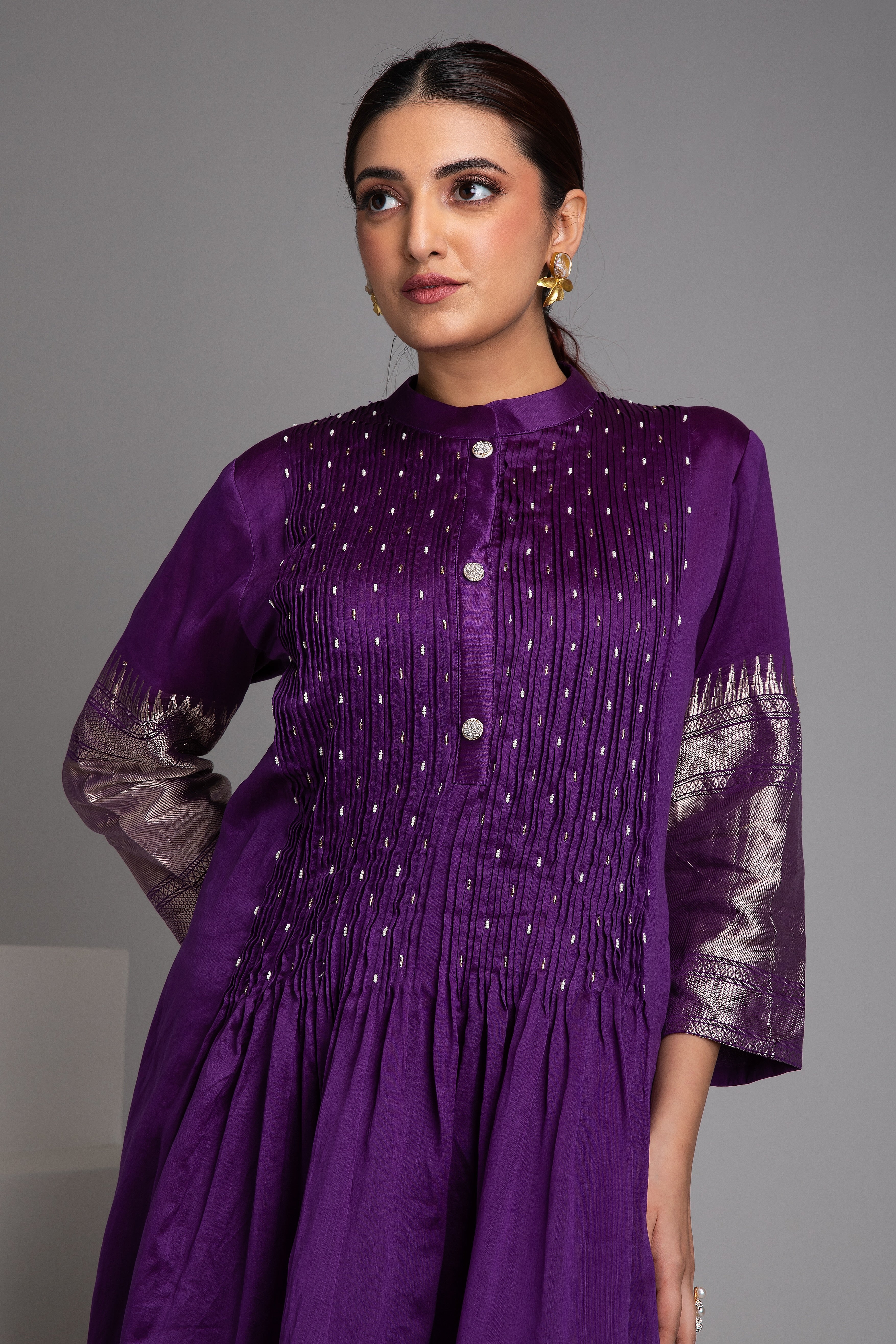 Purple Banarasi Short Anarkali Set - Mokshaa