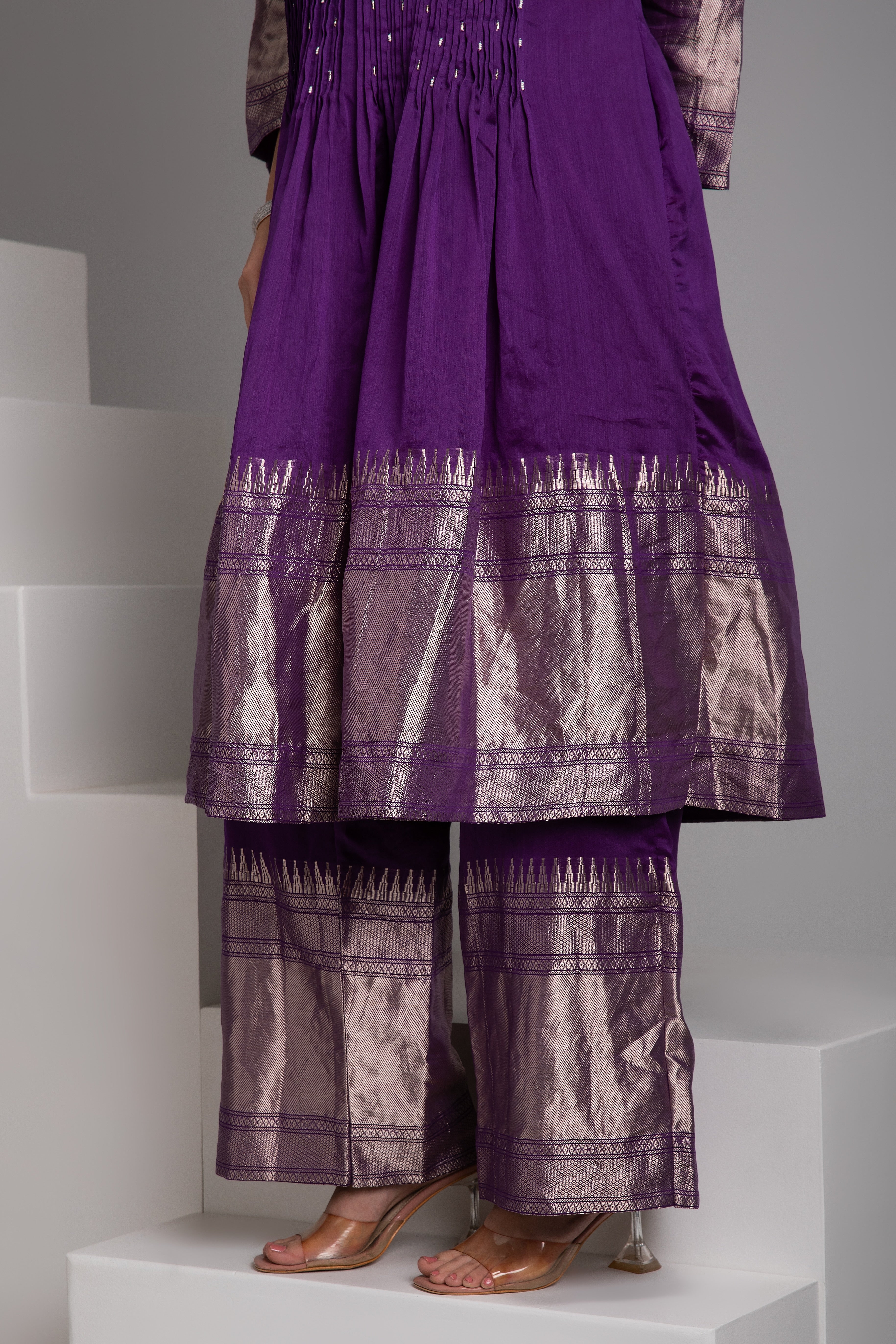 Purple Banarasi Short Anarkali Set - Mokshaa