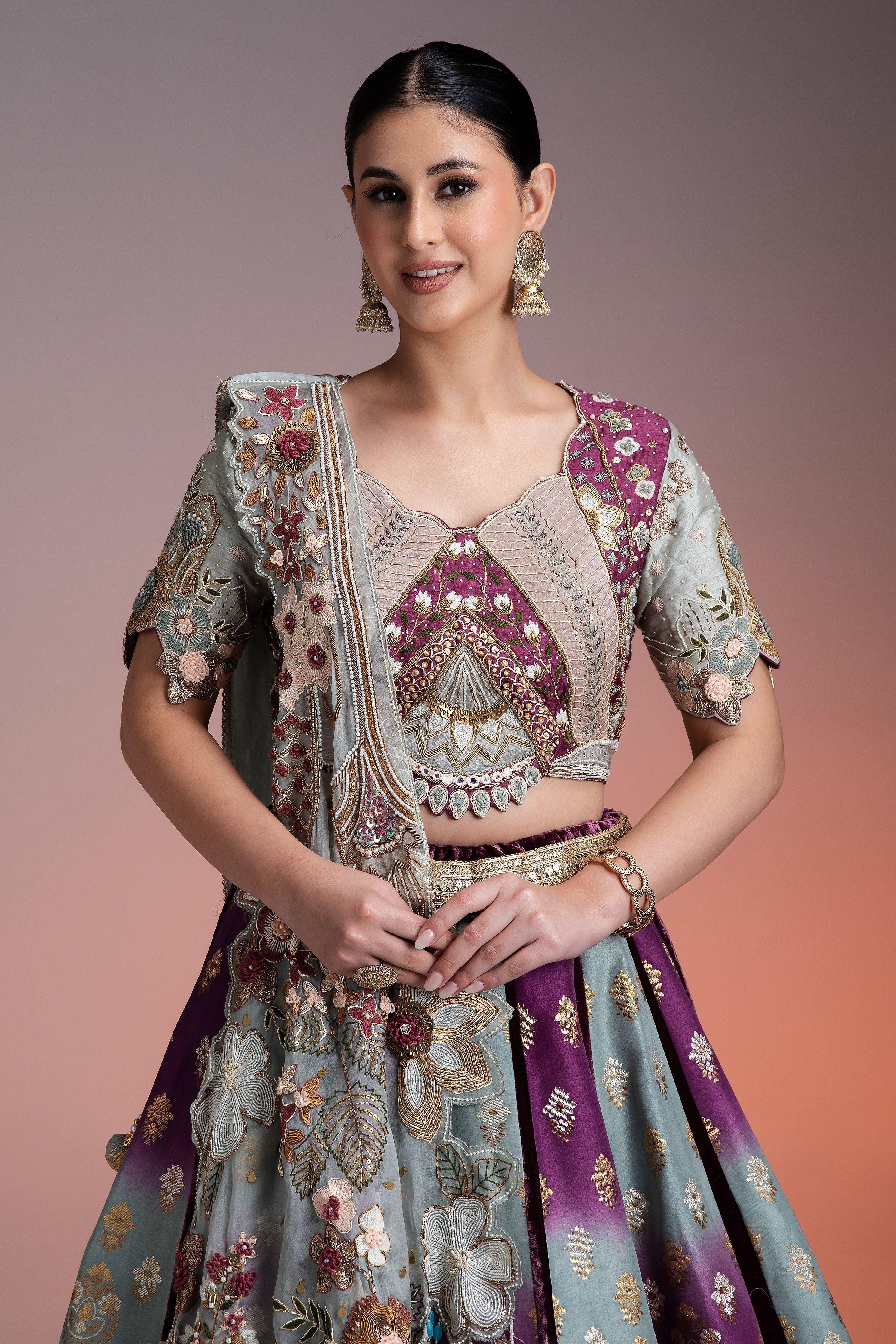 Silk Brocade Lehenga in Muted Pastels and Maroon with Floral Threadwork and Velvet Accents  Mokshaa
