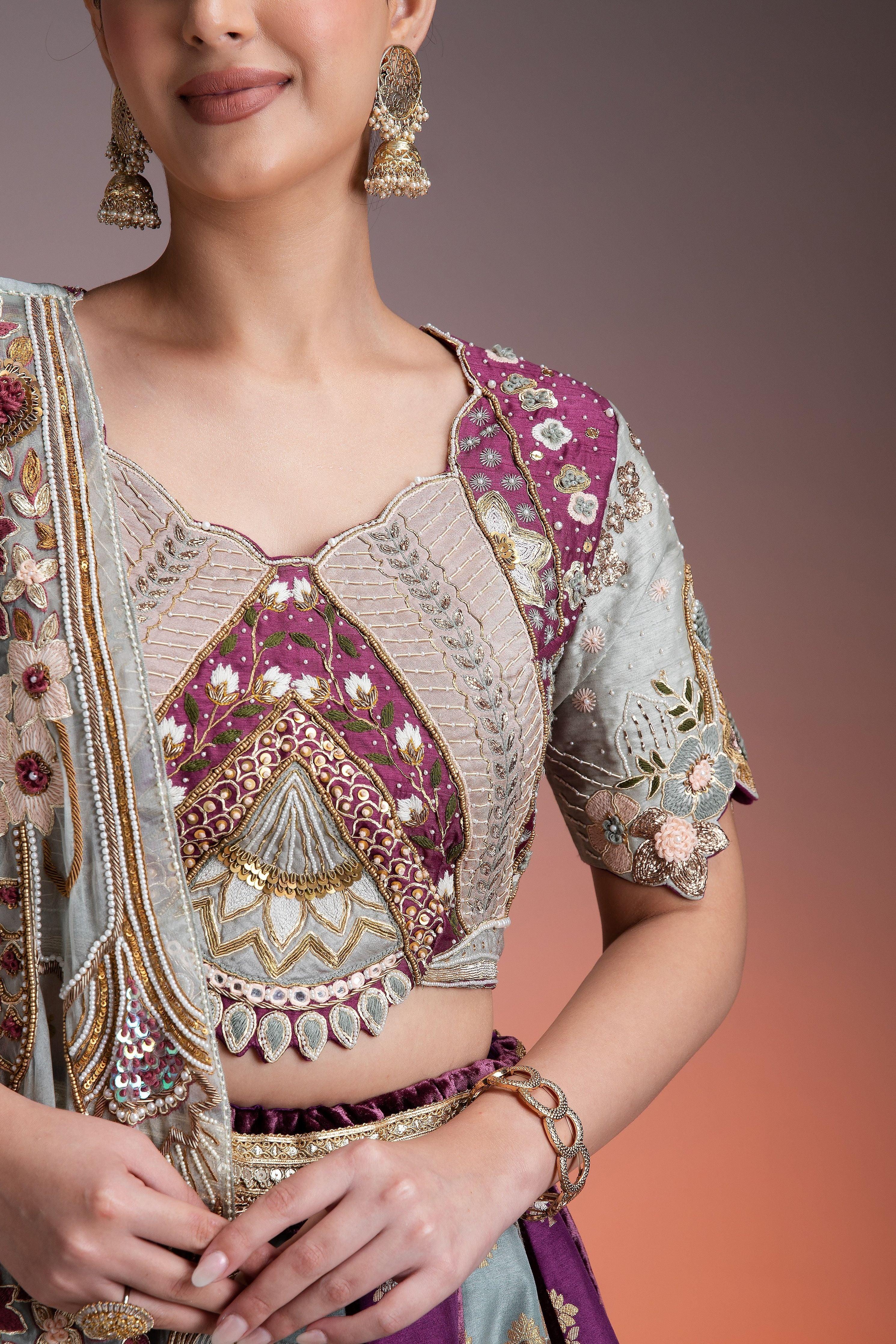 Silk Brocade Lehenga in Muted Pastels and Maroon with Floral Threadwork and Velvet Accents  Mokshaa