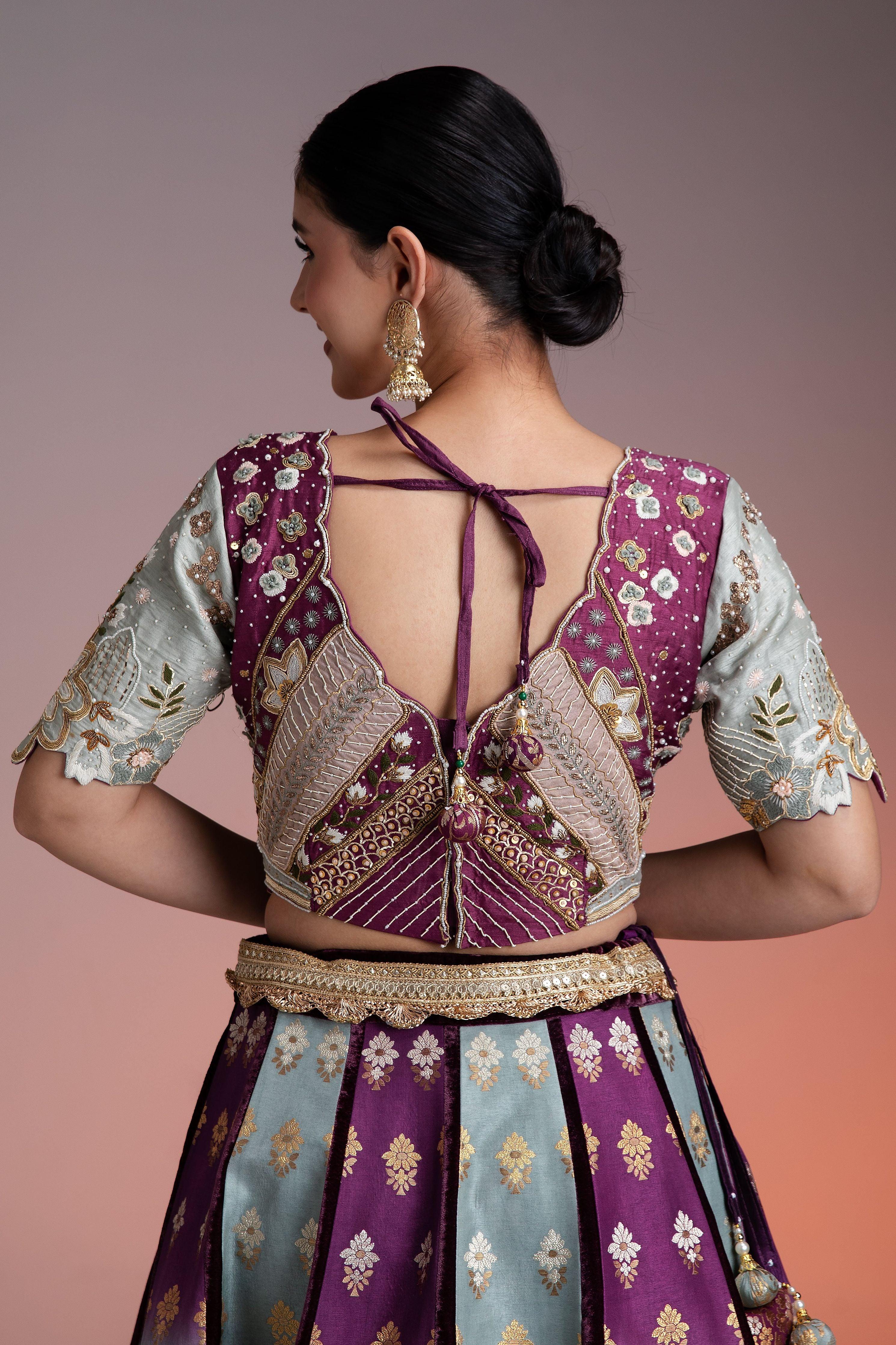 Silk Brocade Lehenga in Muted Pastels and Maroon with Floral Threadwork and Velvet Accents  Mokshaa