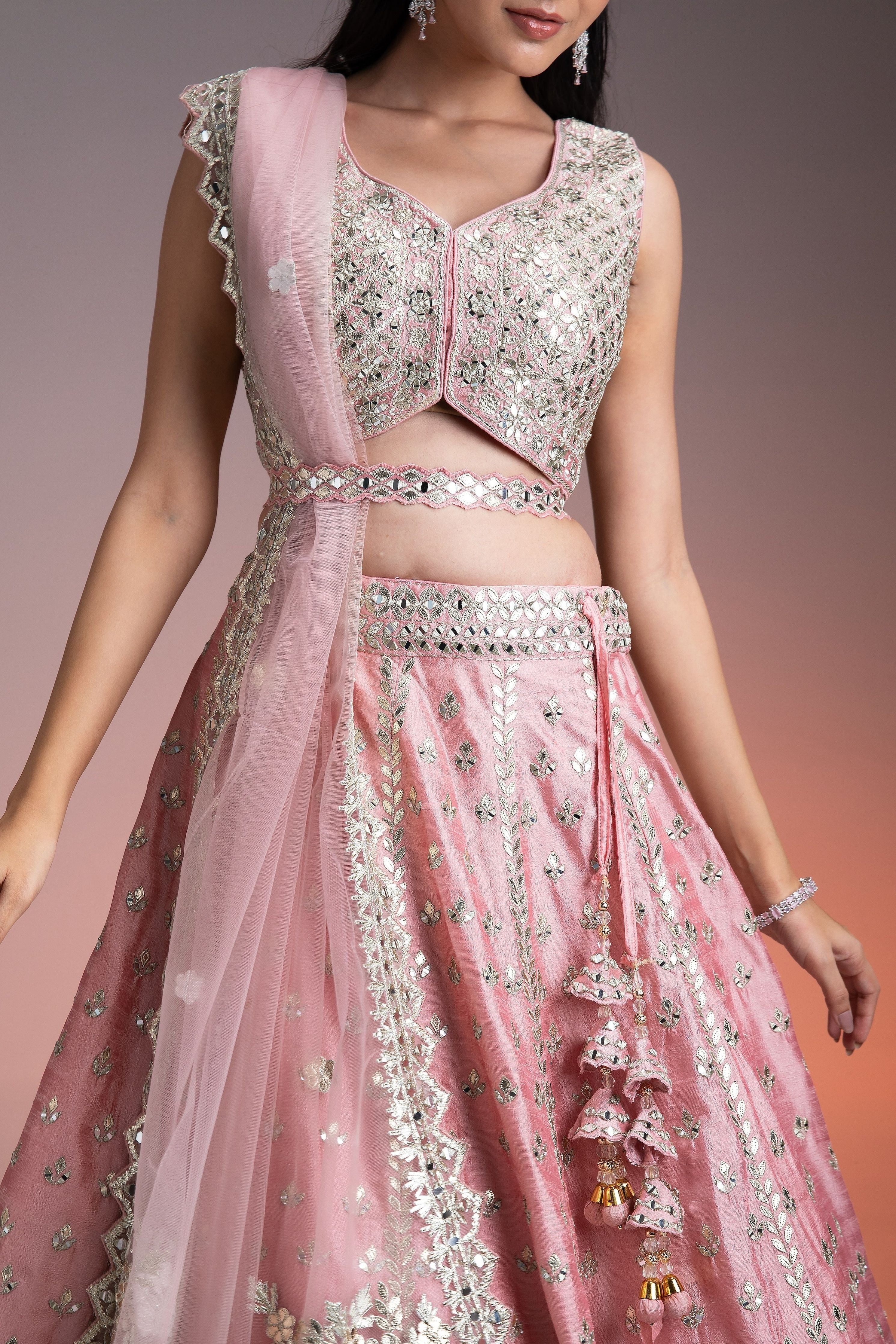 Pink Raw Silk Lehenga Set - Mokshaa