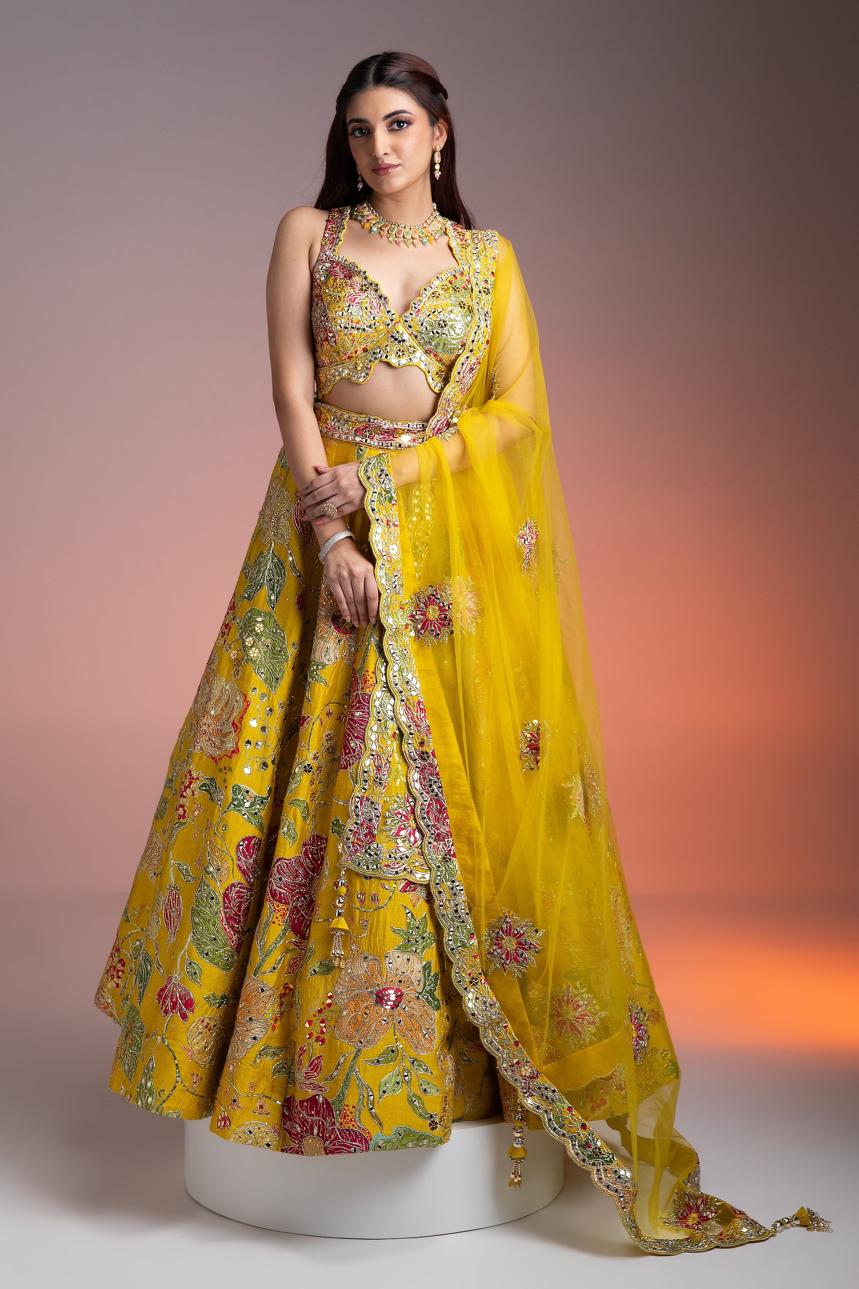 Bright Yellow Silk Lehenga with Multicolor Floral Print and Mirror Embellishments  Mokshaa