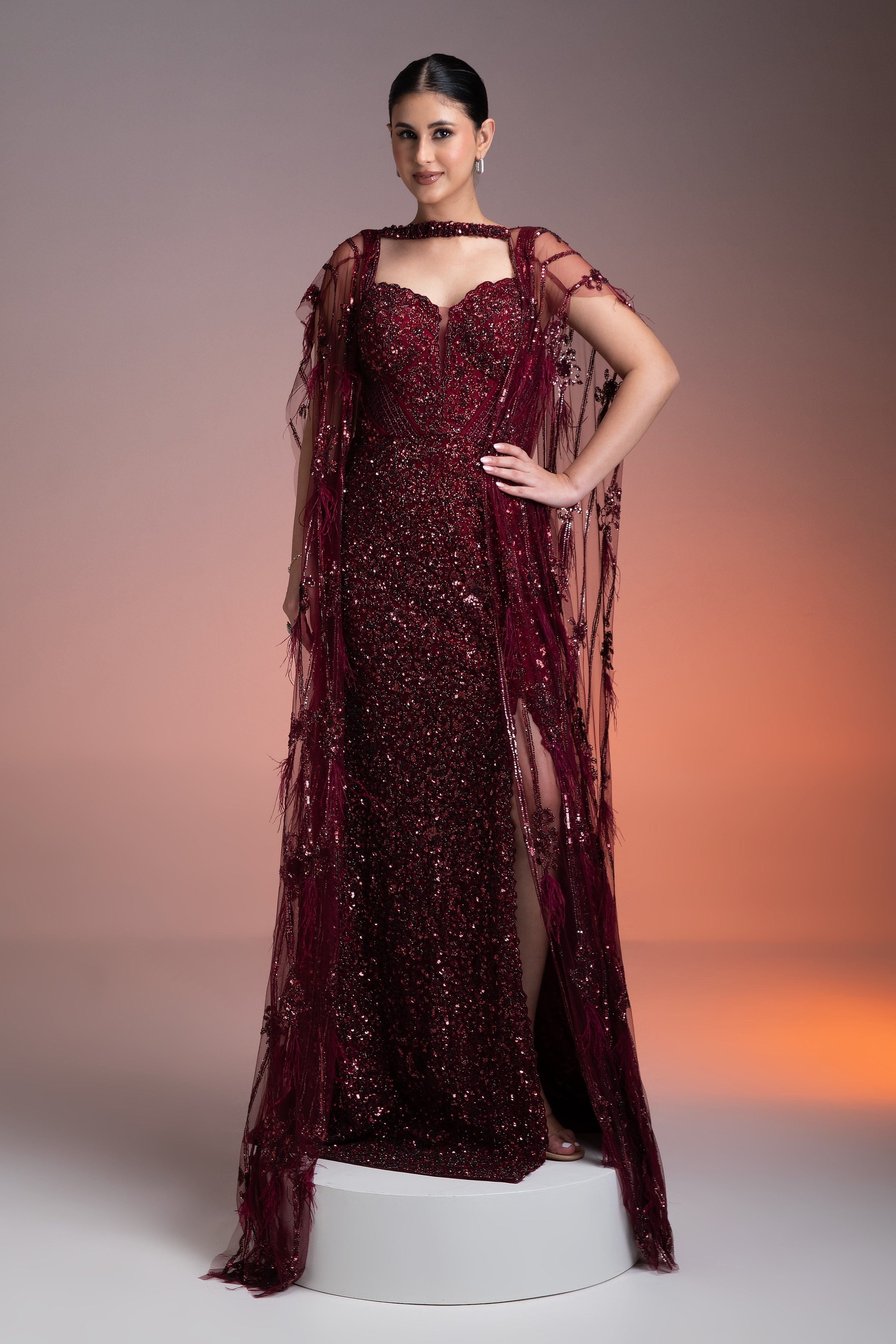 Maroon Sequined Gown with Sheer Cape - Mokshaa