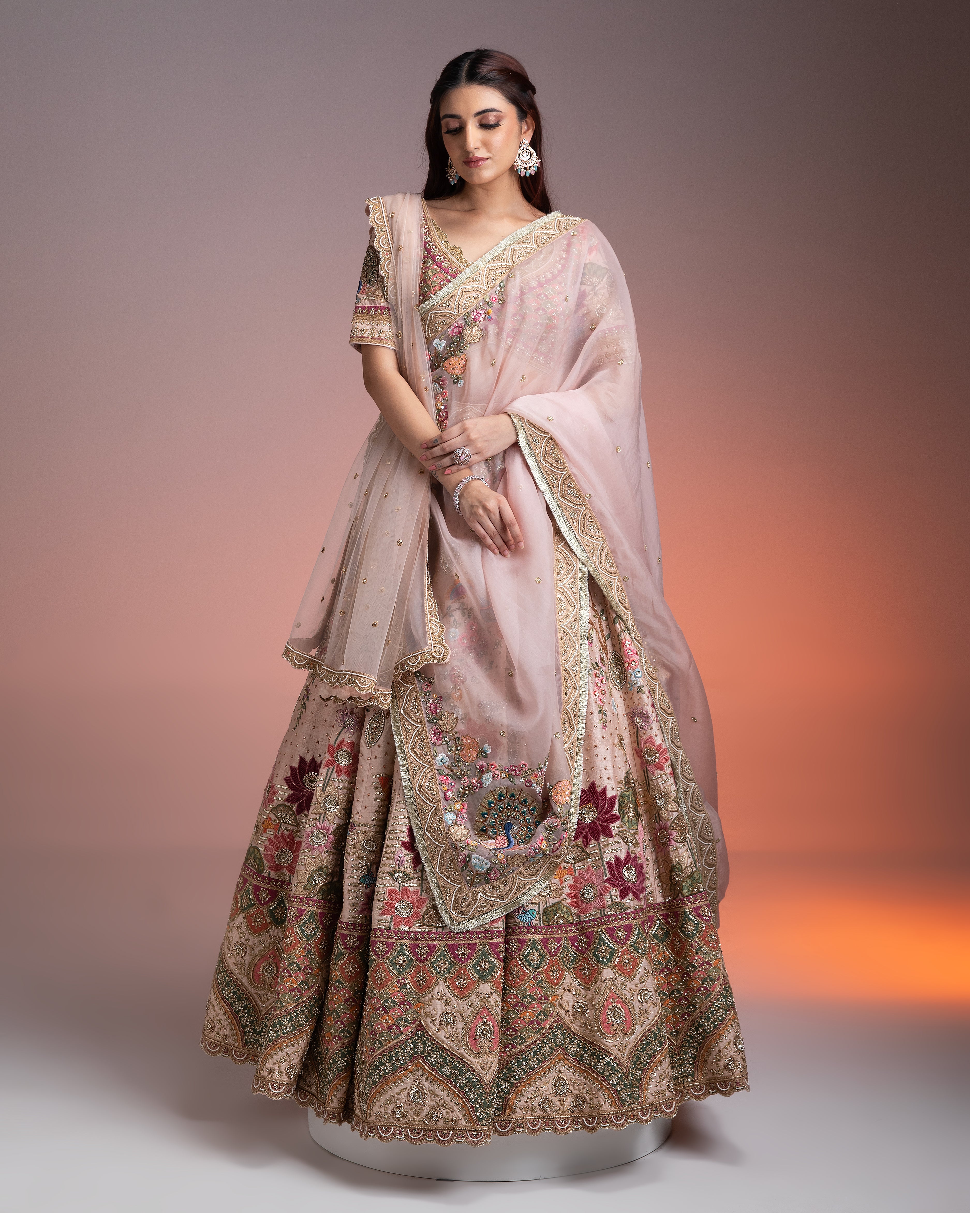 Blush Pink Silk Lehenga with Multicolor Threadwork and Gold-Embroidered Dupatta - Mokshaa