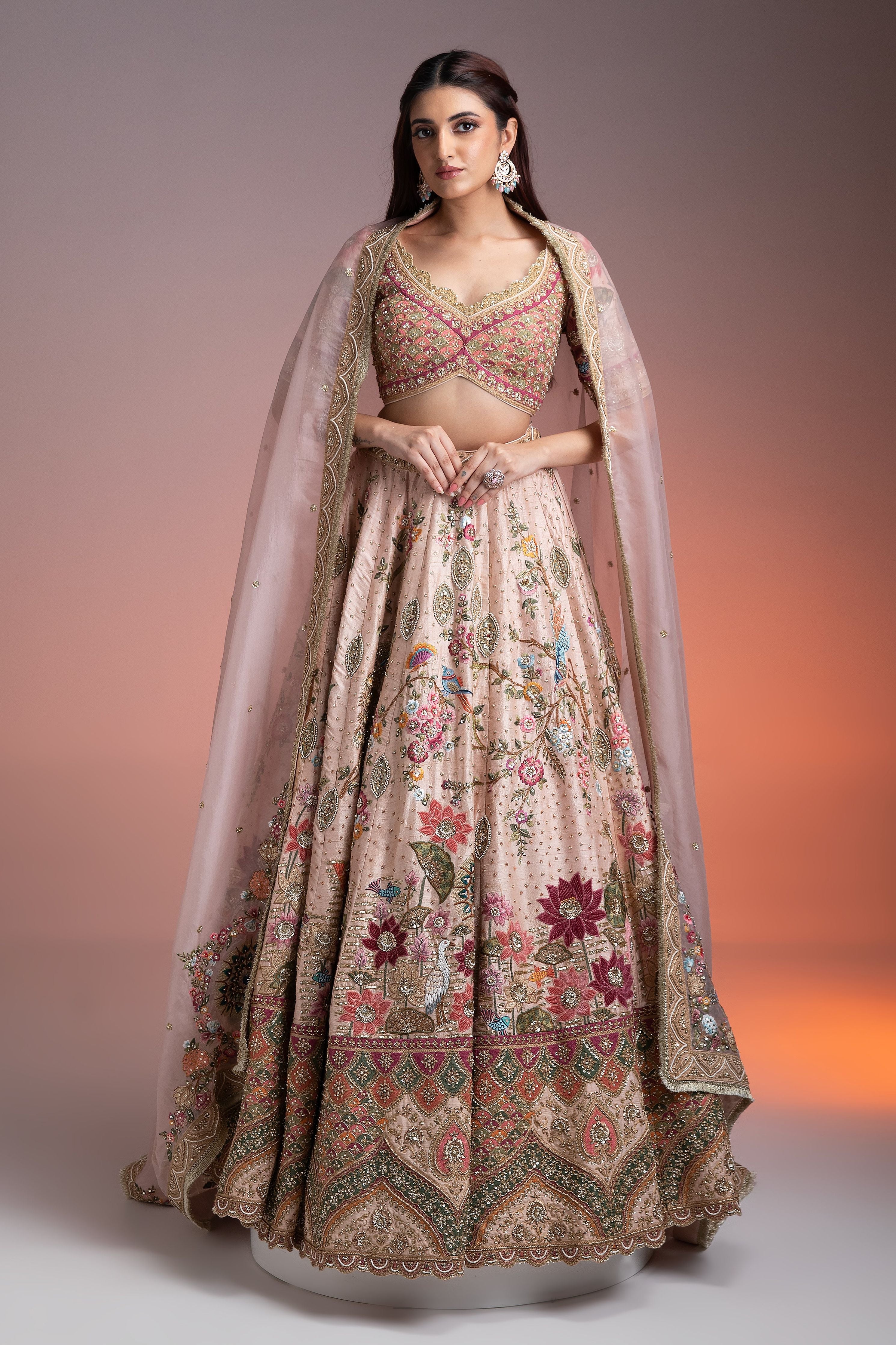 Blush Pink Silk Lehenga with Multicolor Threadwork and Gold-Embroidered Dupatta - Mokshaa