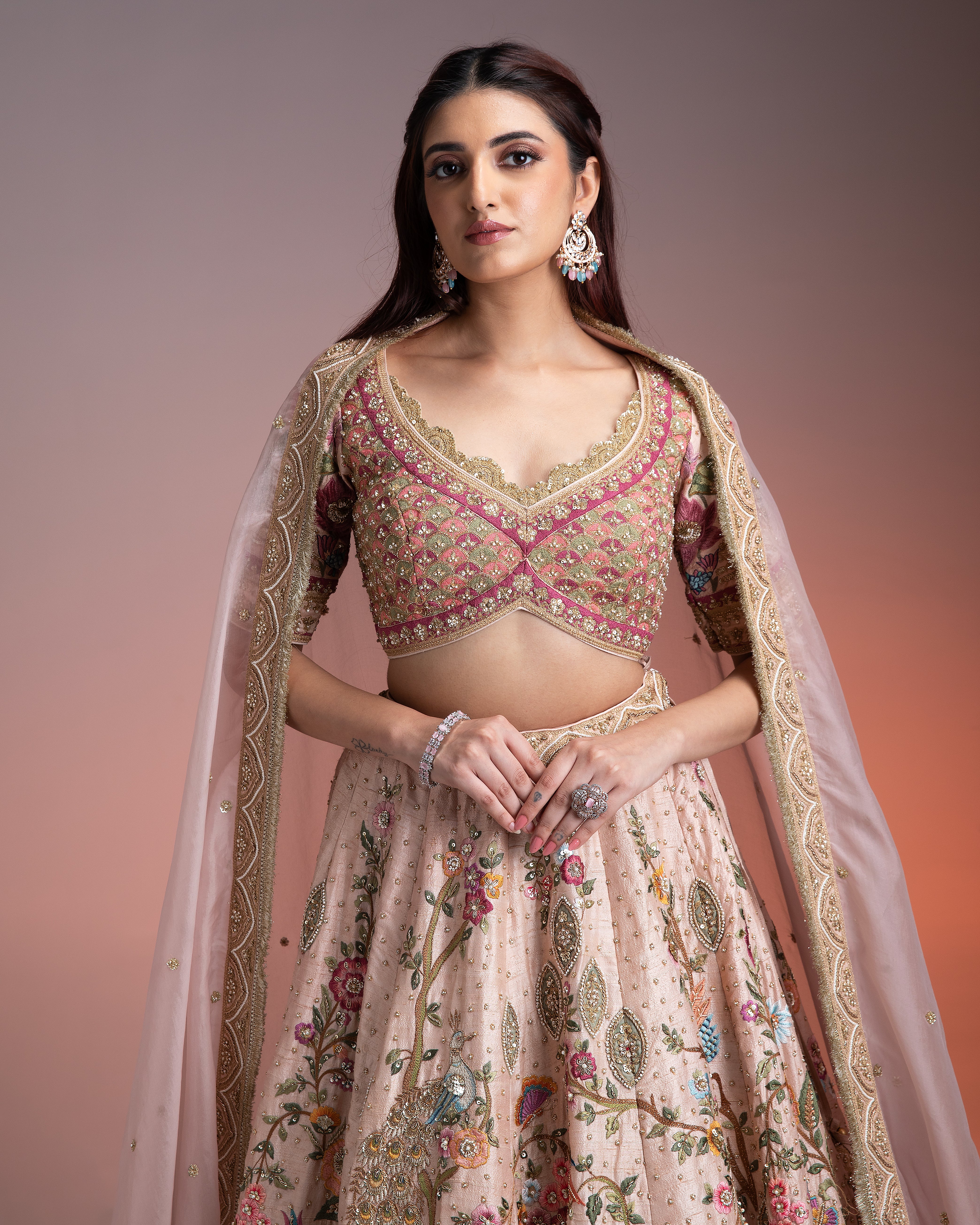 Blush Pink Silk Lehenga with Multicolor Threadwork and Gold-Embroidered Dupatta - Mokshaa