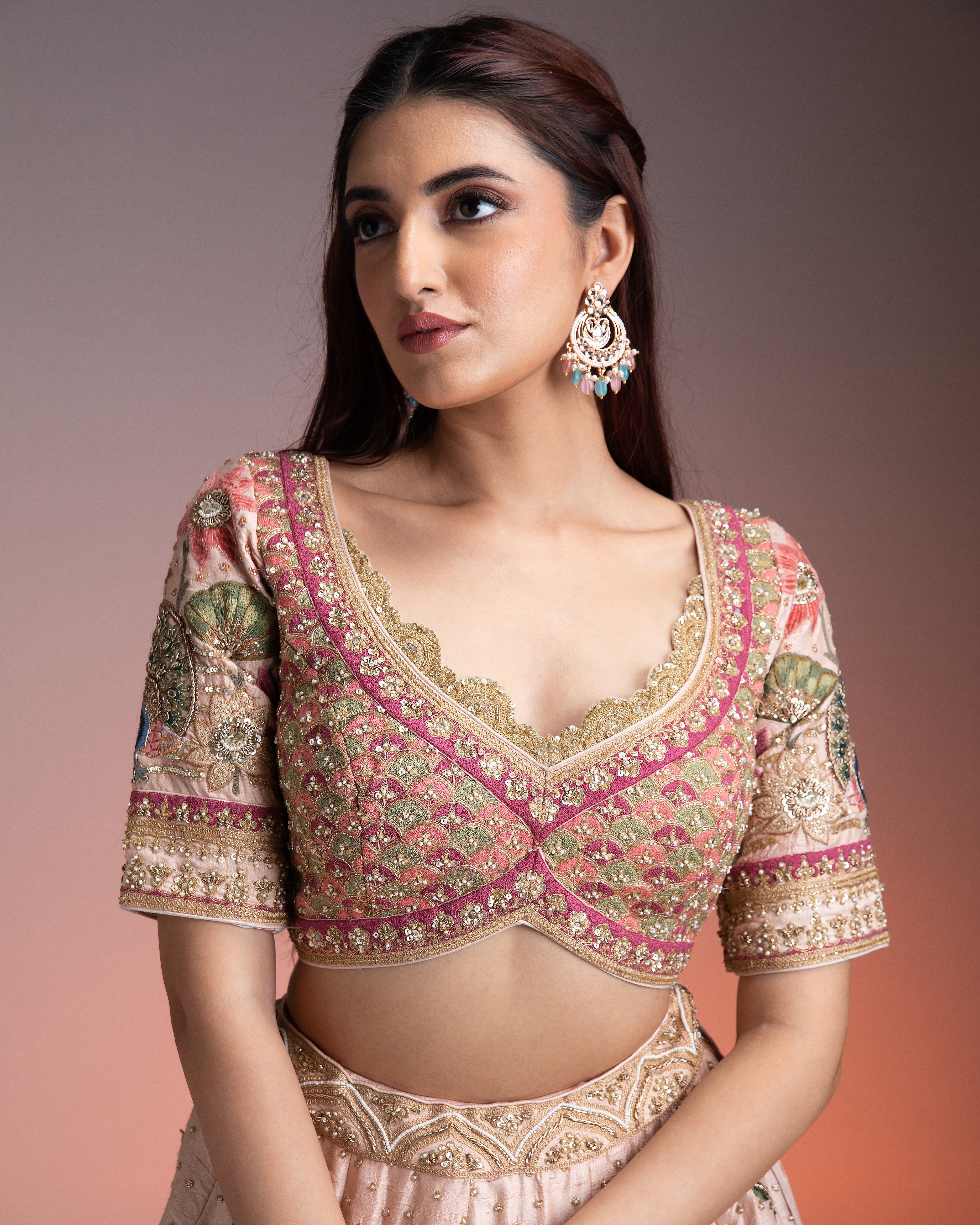 Blush Pink Silk Lehenga with Multicolor Threadwork and Gold-Embroidered Dupatta - Mokshaa