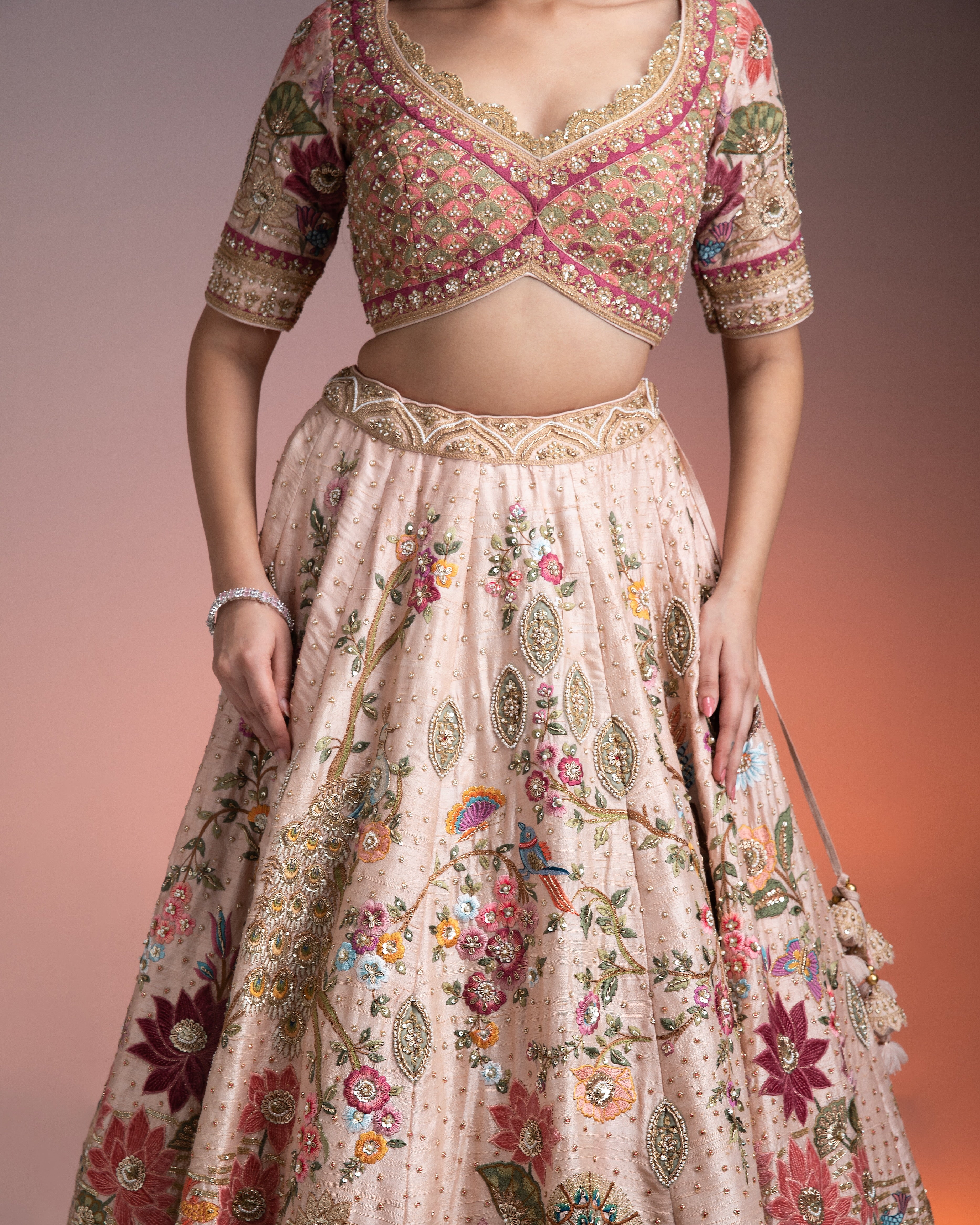 Blush Pink Silk Lehenga with Multicolor Threadwork and Gold-Embroidered Dupatta - Mokshaa