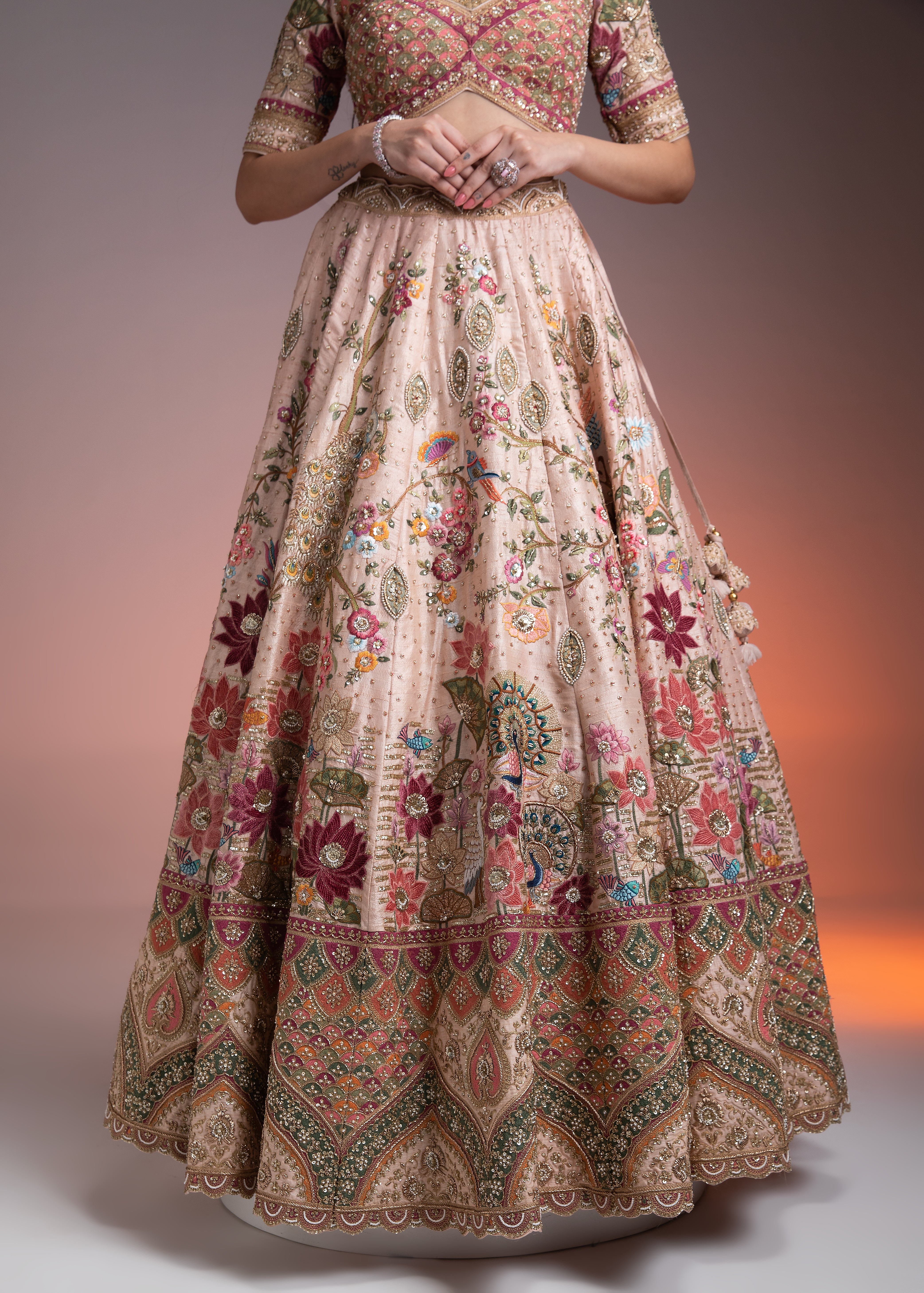 Blush Pink Silk Lehenga with Multicolor Threadwork and Gold-Embroidered Dupatta - Mokshaa