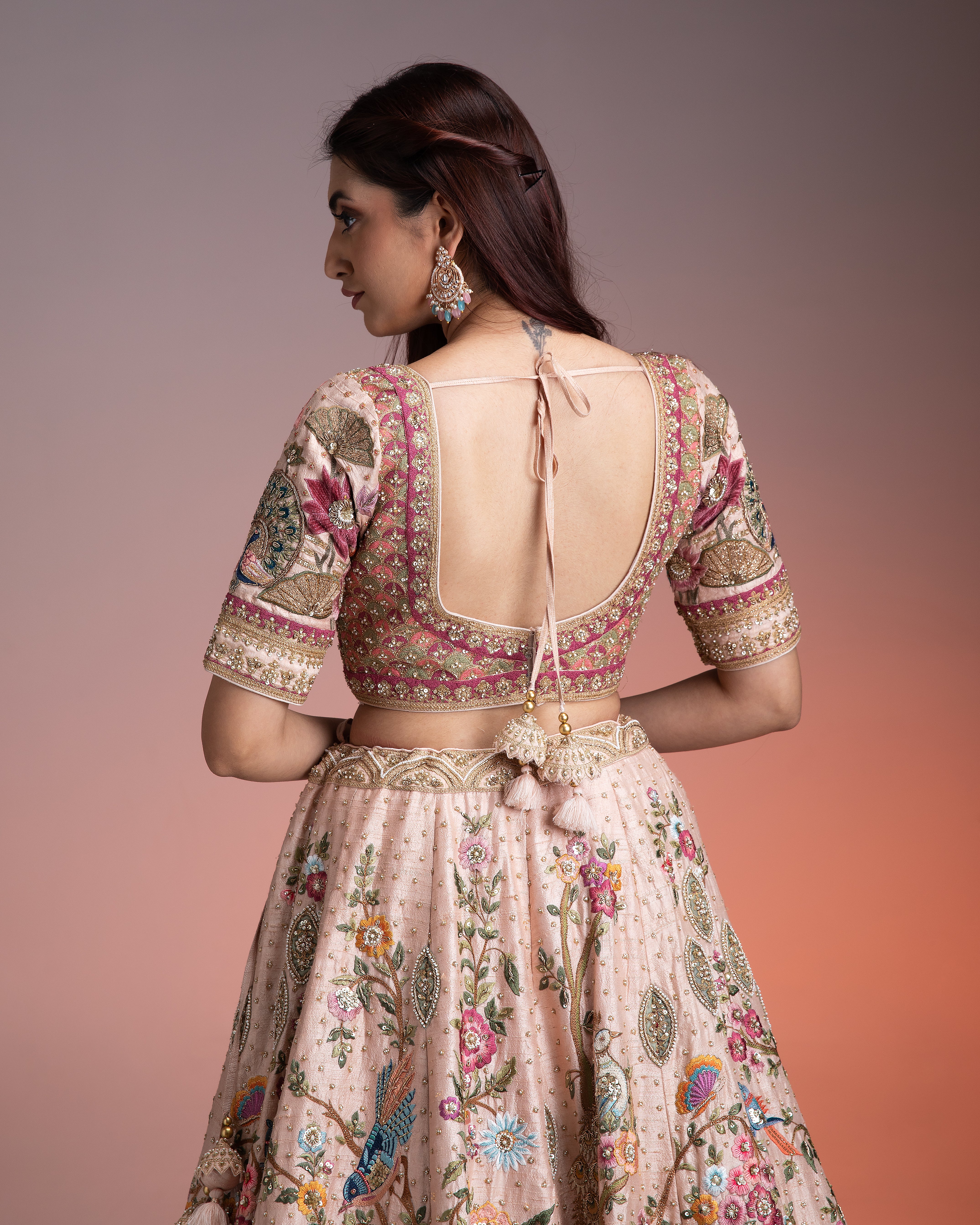 Blush Pink Silk Lehenga with Multicolor Threadwork and Gold-Embroidered Dupatta - Mokshaa