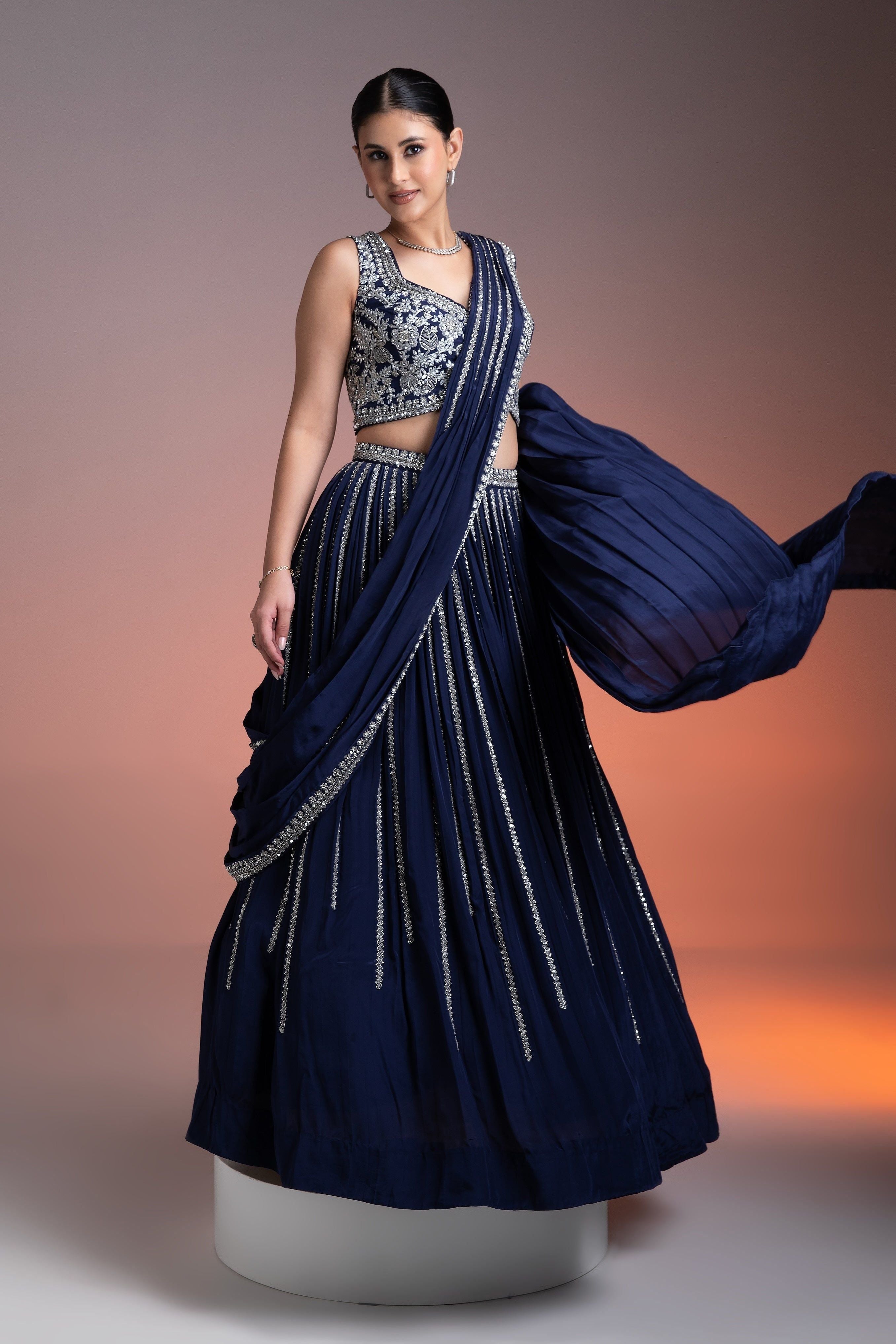 Navy Blue Satin Silk Lehenga Set with Silver Threadwork and Sequins - Mokshaa