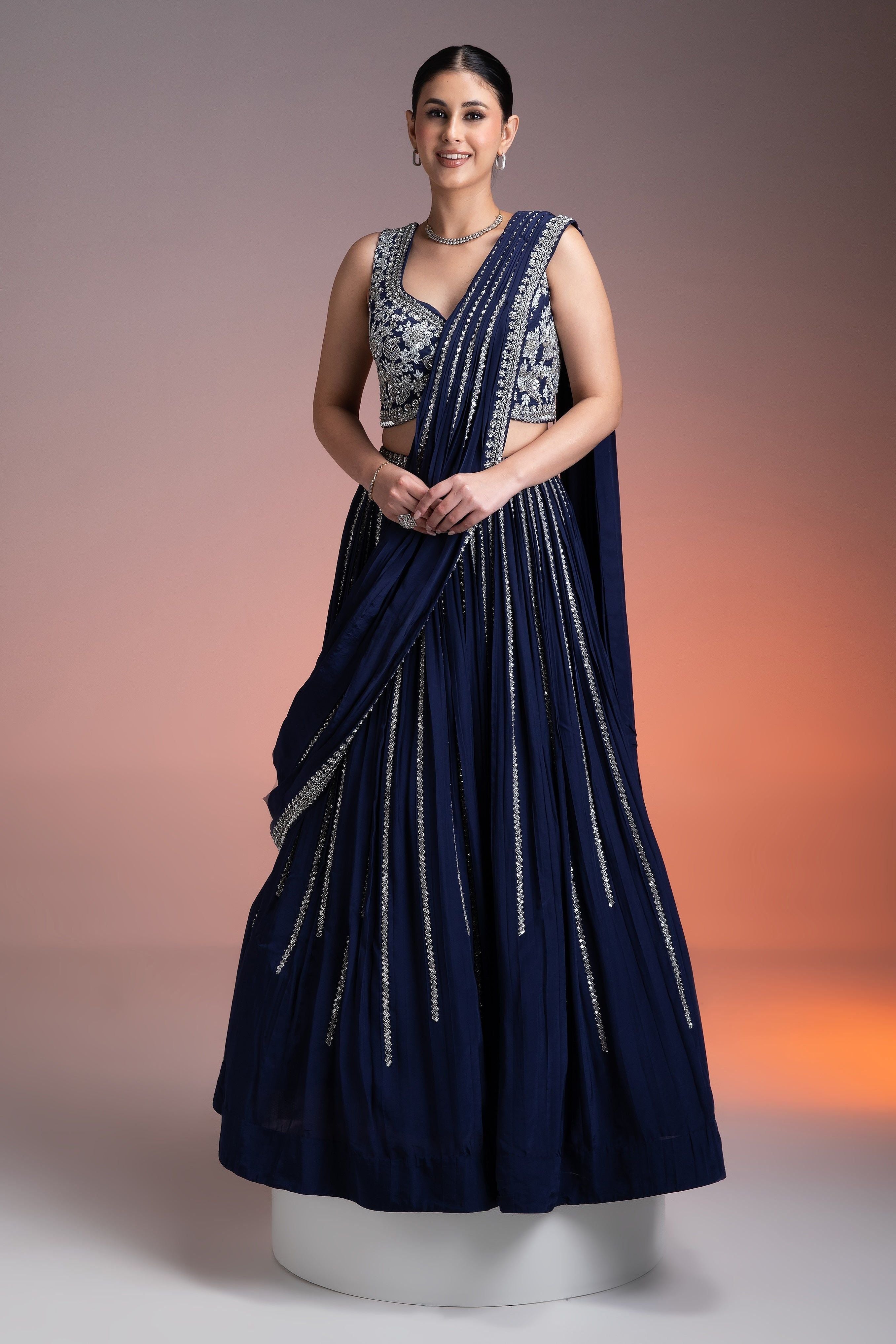 Navy Blue Satin Silk Lehenga Set with Silver Threadwork and Sequins - Mokshaa