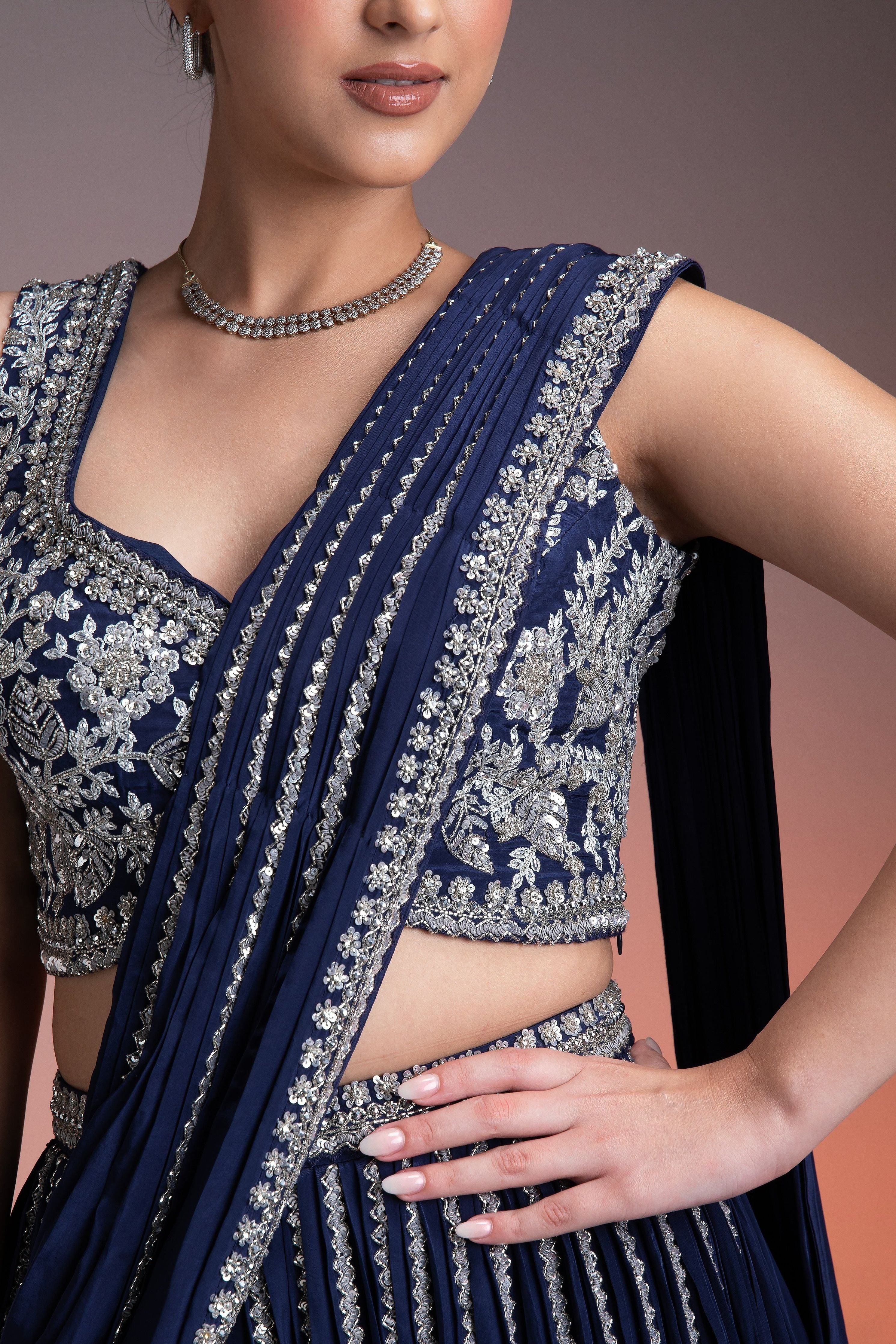 Navy Blue Satin Silk Lehenga Set with Silver Threadwork and Sequins - Mokshaa