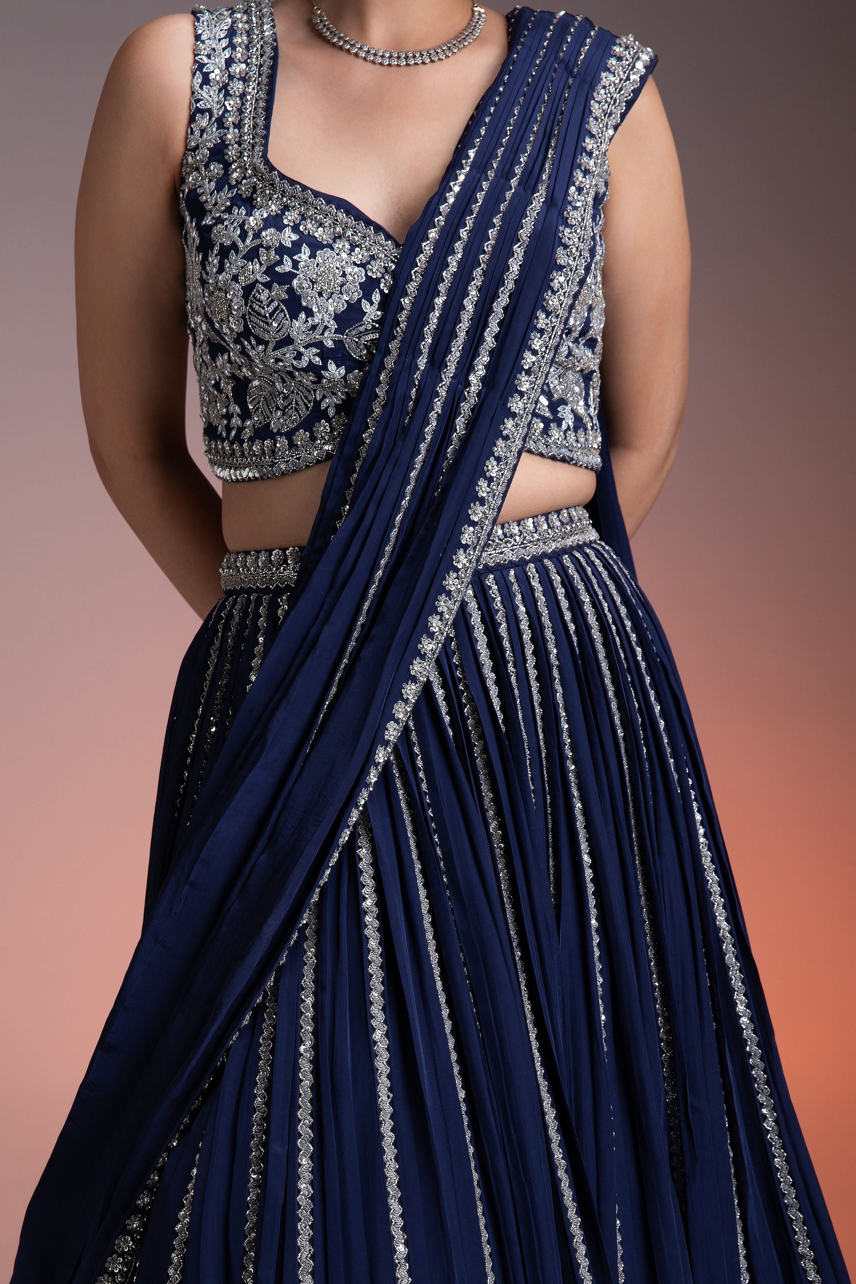 Navy Blue Satin Silk Lehenga Set with Silver Threadwork and Sequins - Mokshaa