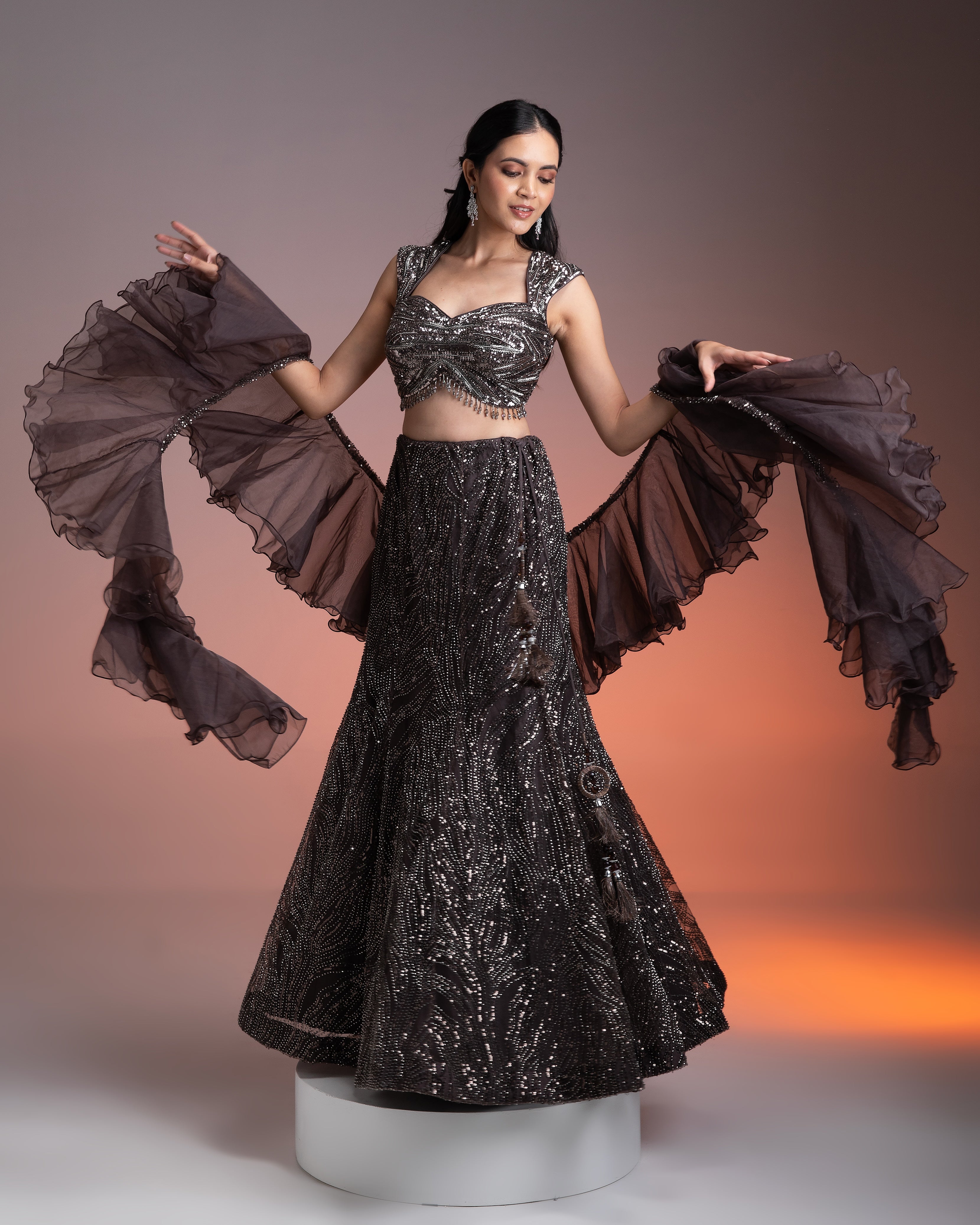 Charcoal Brown Net Skirt Set with Sequins and Beadwork - Mokshaa