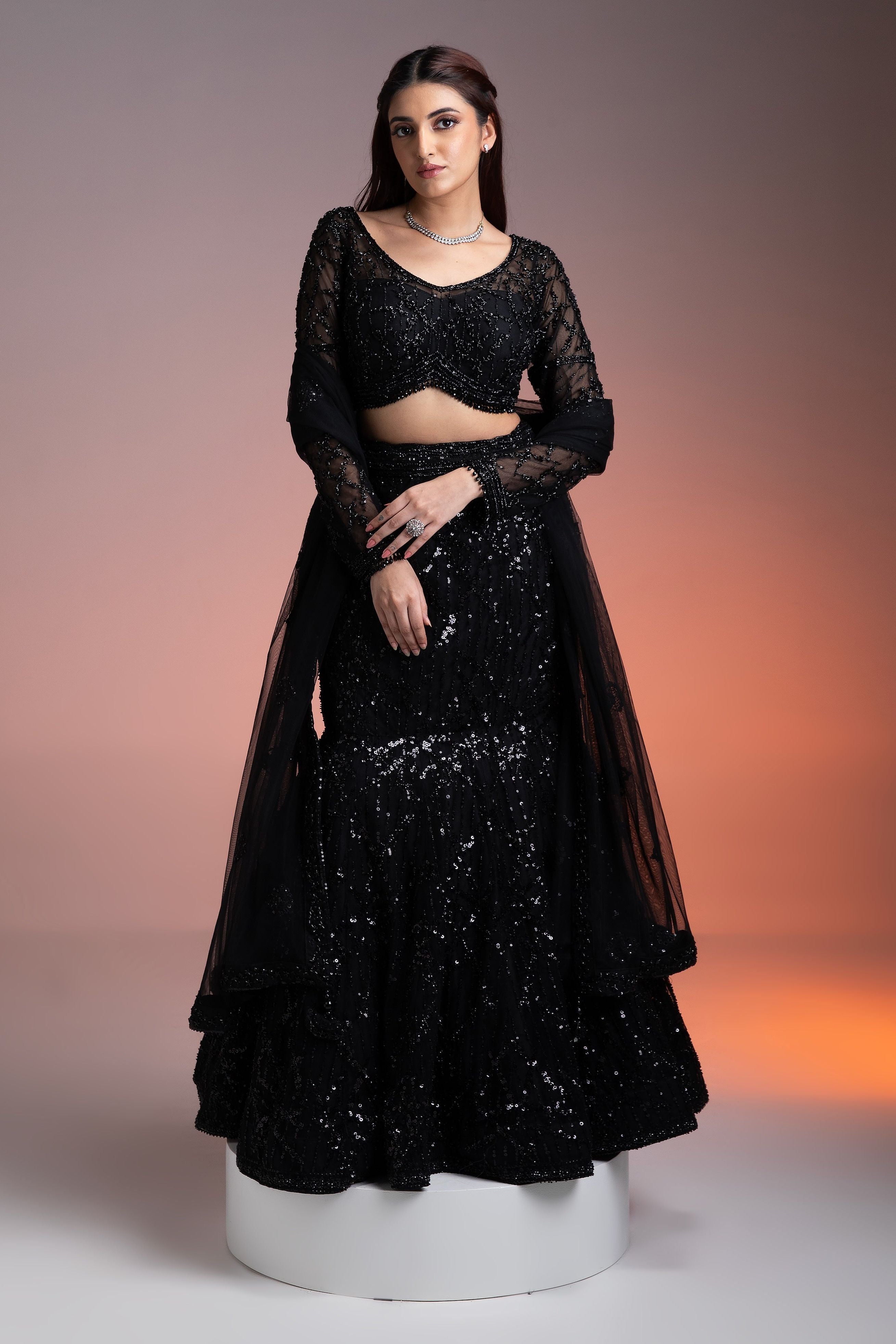 Black Lehenga Set with Sequins and Beadwork - Mokshaa