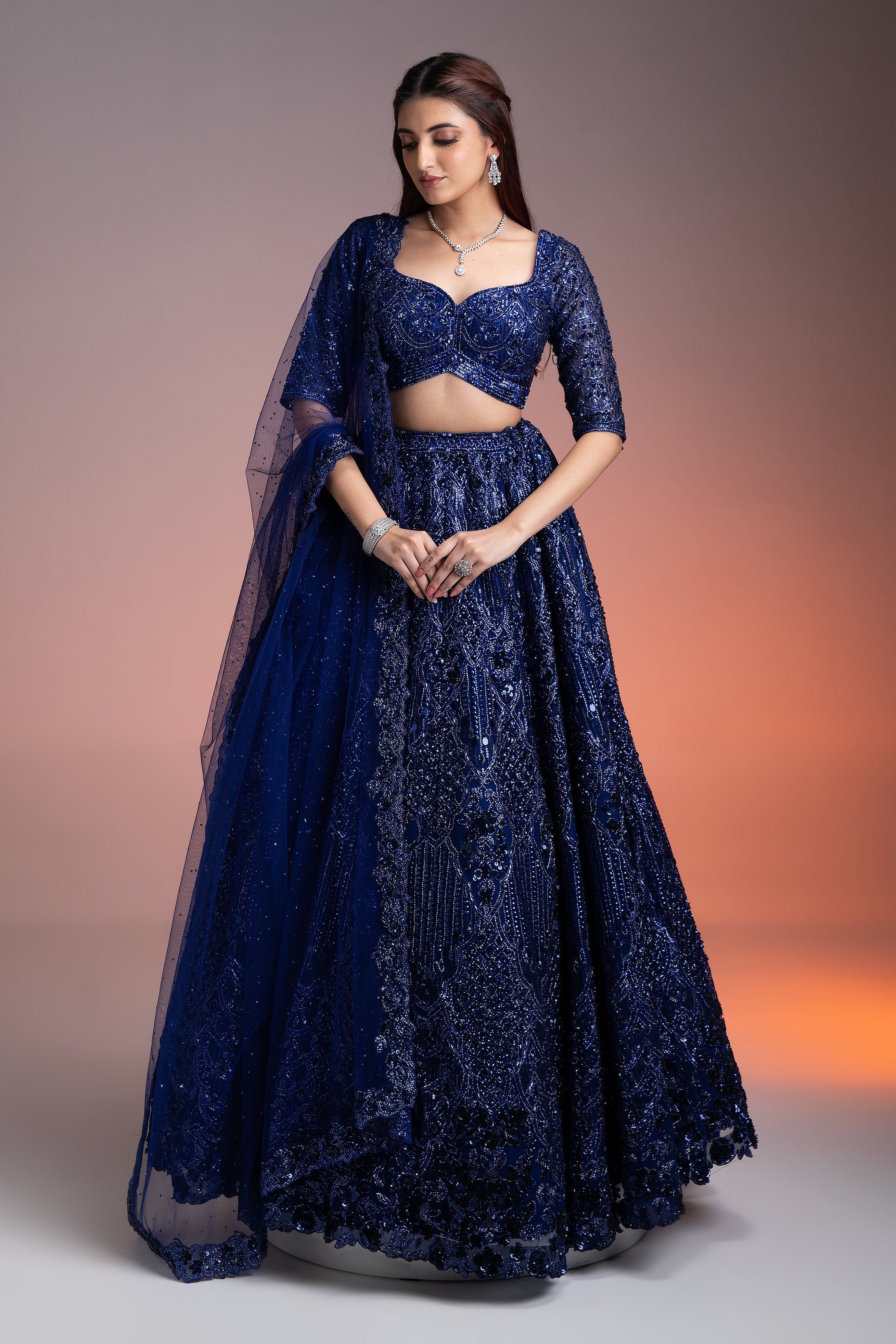 Midnight Blue Net Lehenga Set with Sequins and Beads Embroidery - Mokshaa