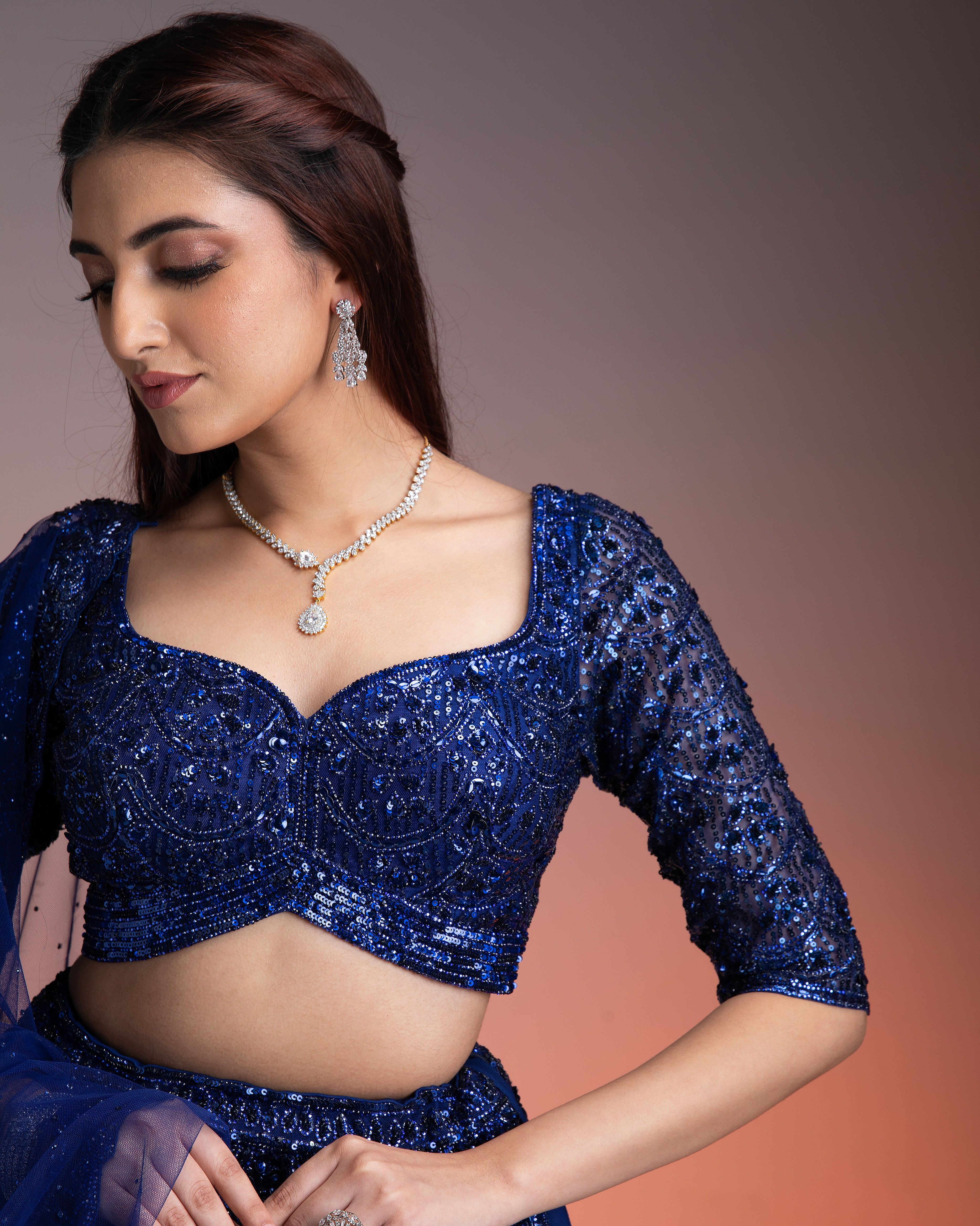 Midnight Blue Net Lehenga Set with Sequins and Beads Embroidery - Mokshaa