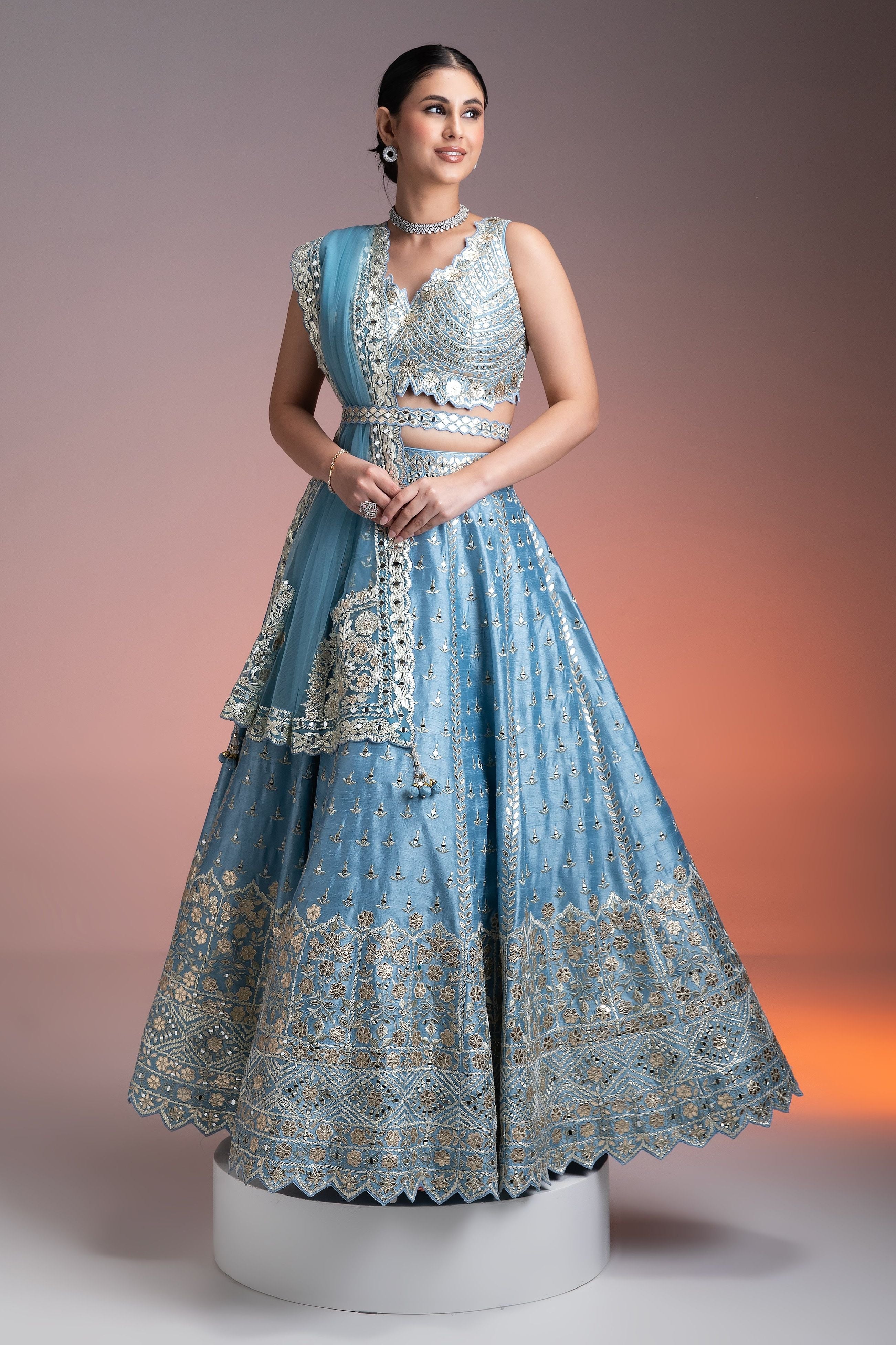 Sky Blue Silk Lehenga Set with Mirror Work and Thread Embroidery - Mokshaa