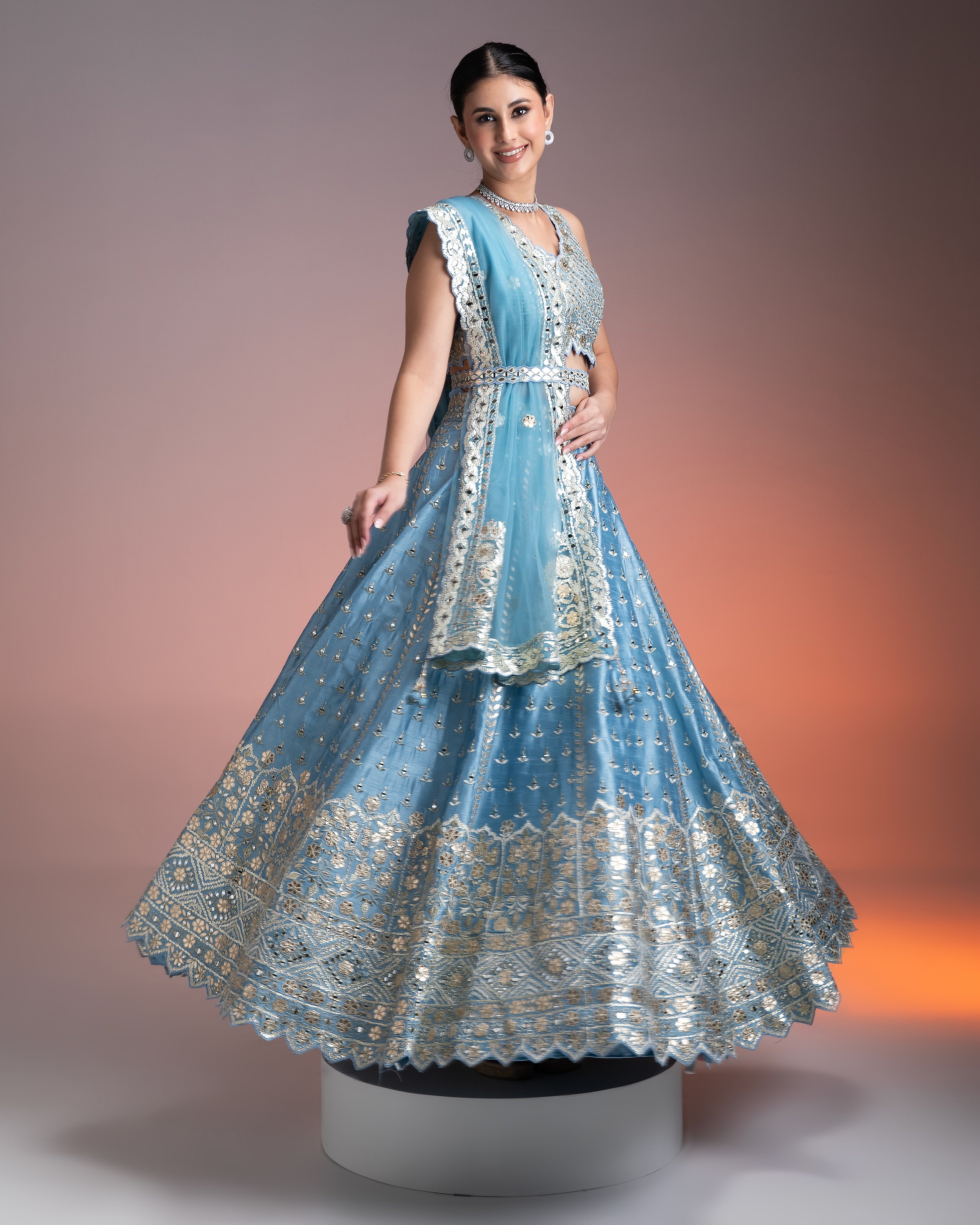 Sky Blue Silk Lehenga Set with Mirror Work and Thread Embroidery - Mokshaa