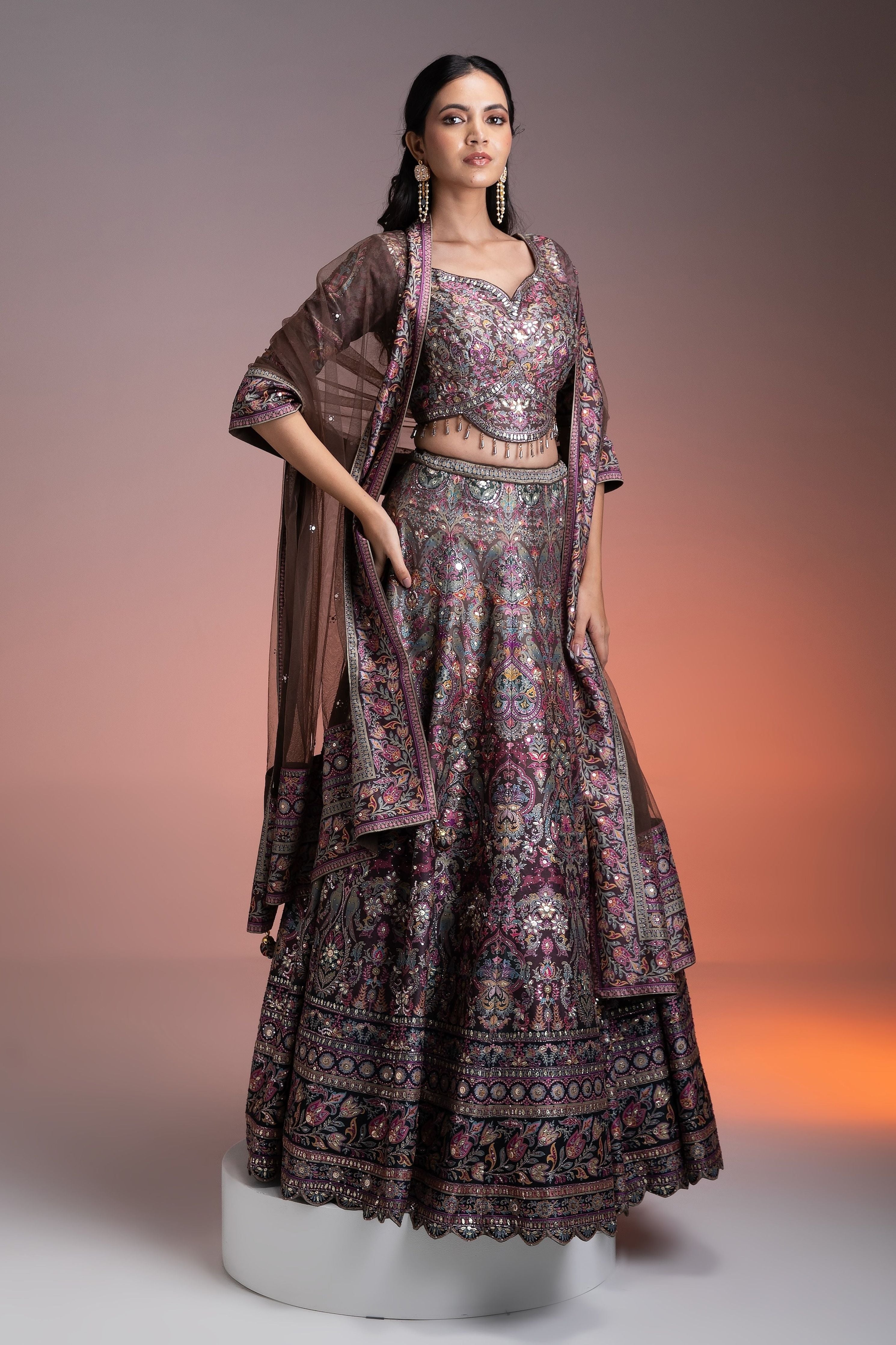 Chocolate Brown Printed Silk Lehenga Set - Mokshaa