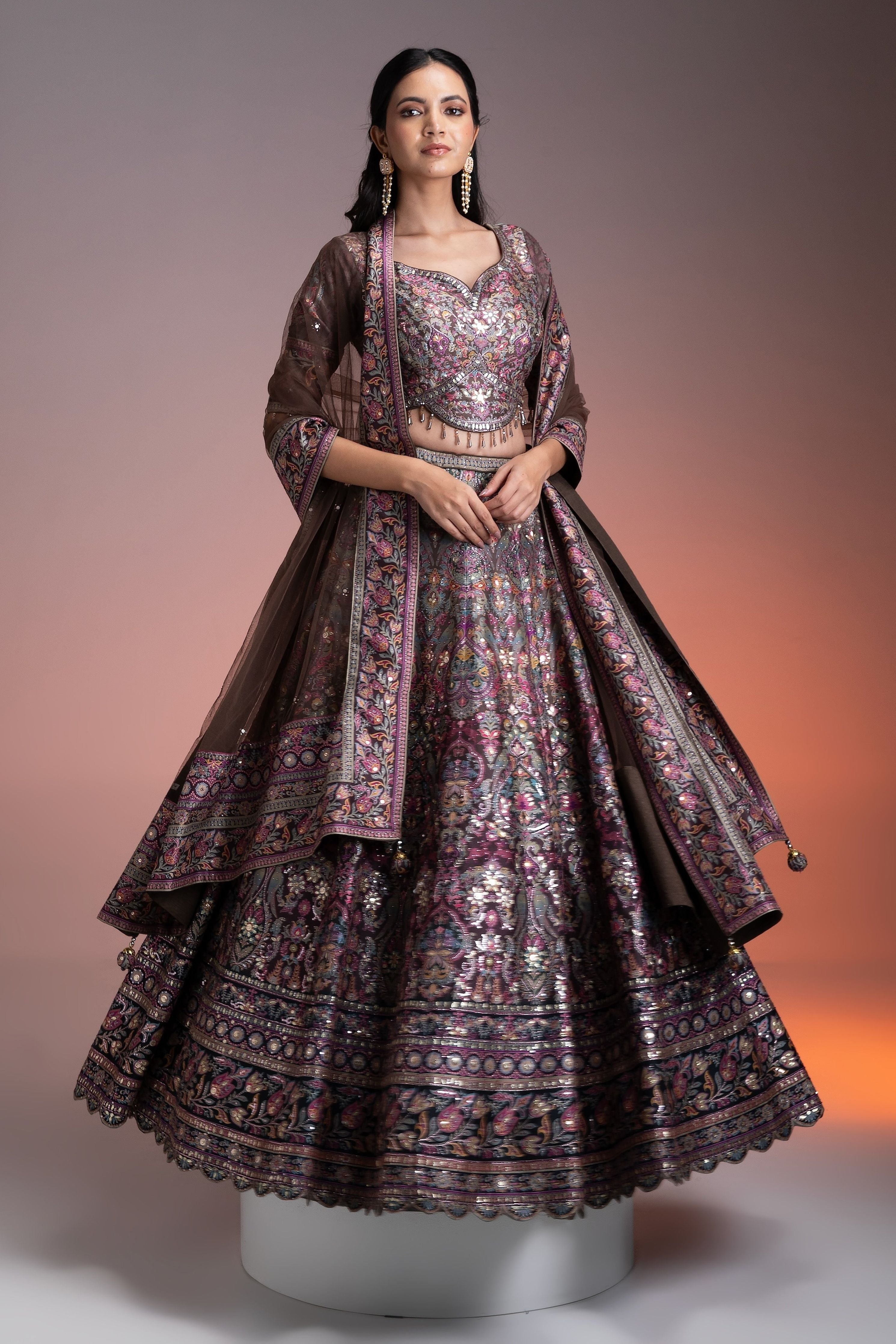 Chocolate Brown Printed Silk Lehenga Set - Mokshaa